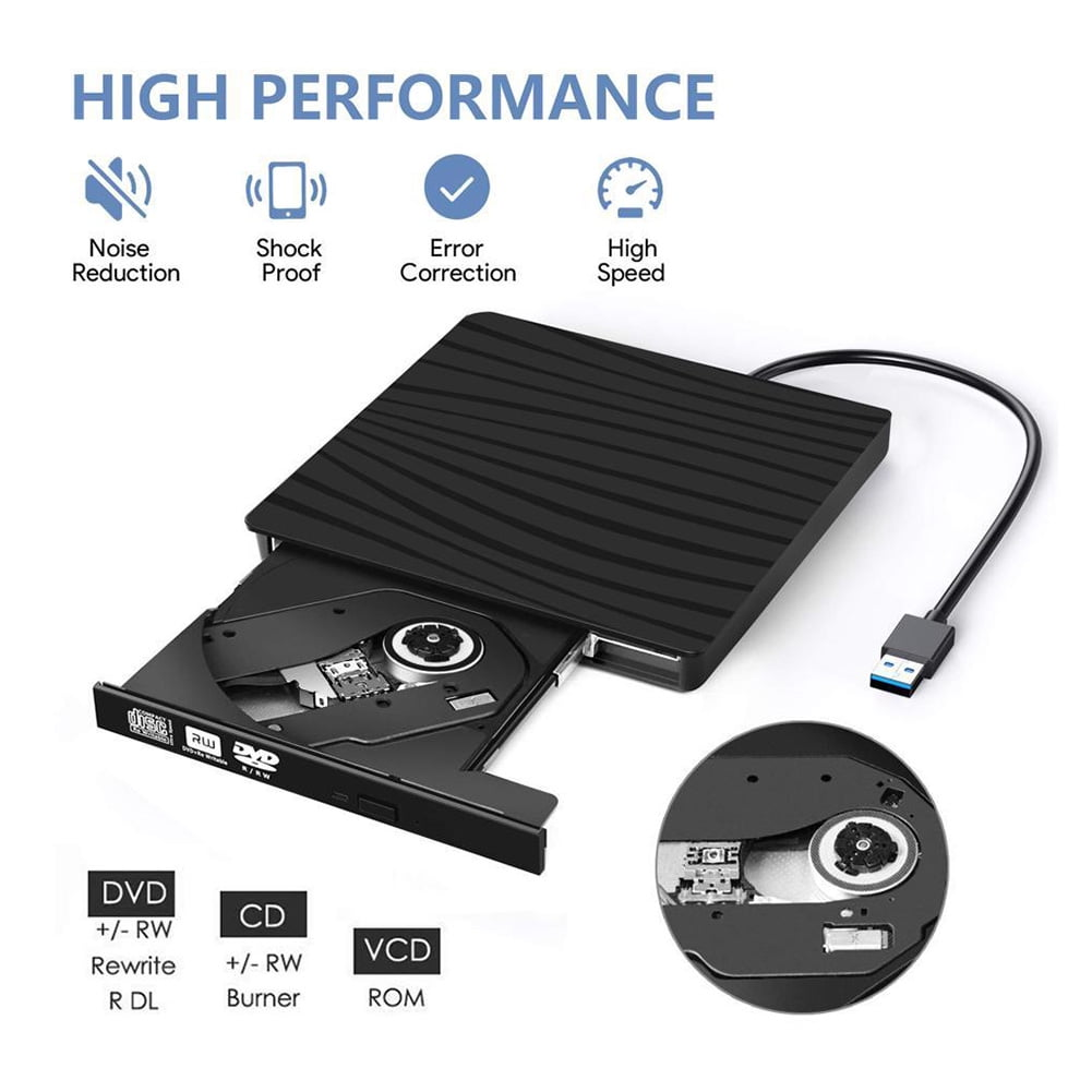 Schwarzer externer USB-DVD-Brenner mit ausgefahrener Schublade und Datenanzeige.