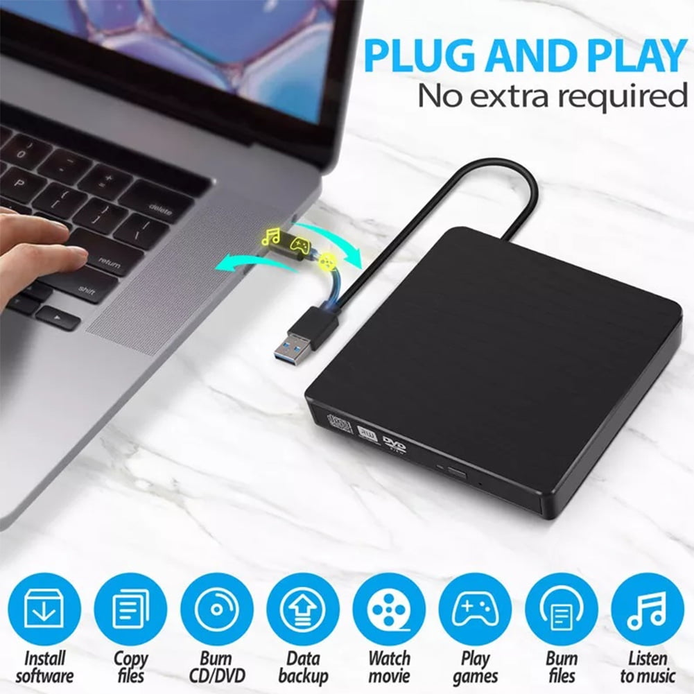 Ein schwarzes externes CD/DVD-Laufwerk ist an einen Laptop angeschlossen.