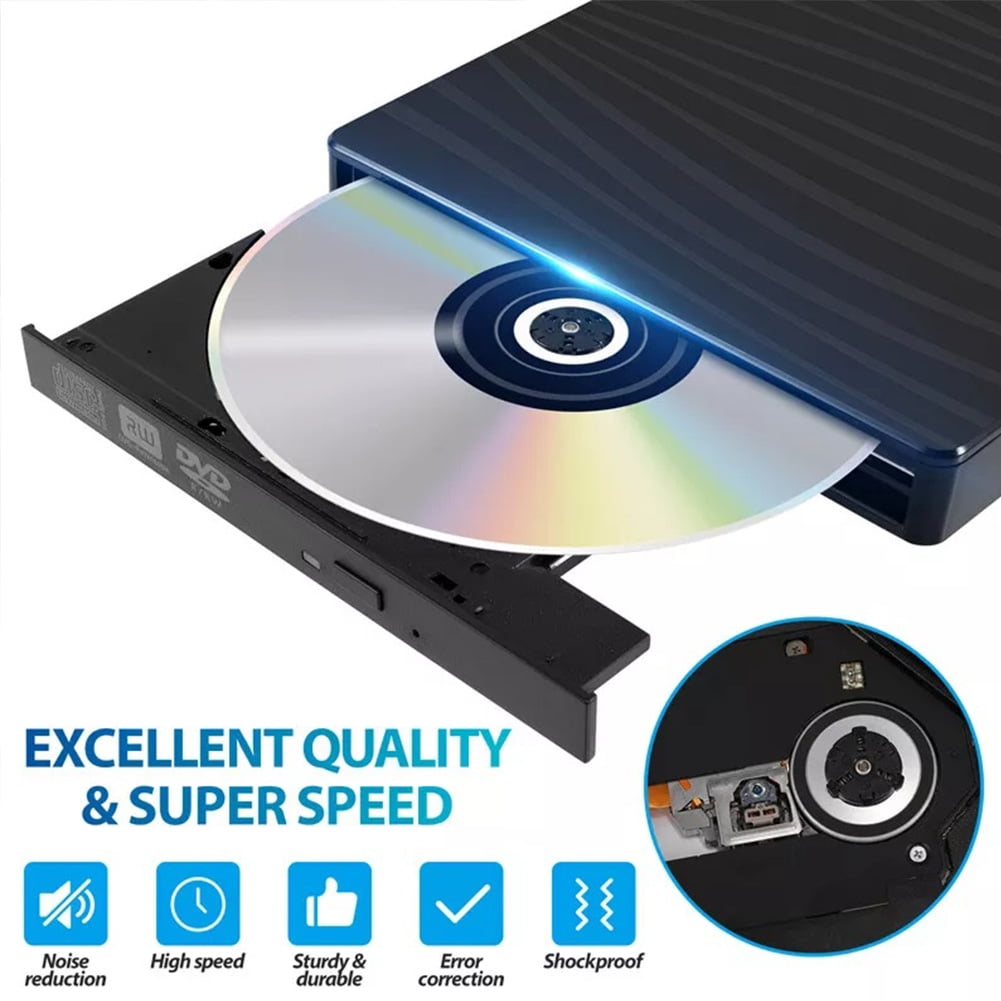 Externes DVD-Laufwerk mit eingelegter Disc und Symbolen für Qualität.