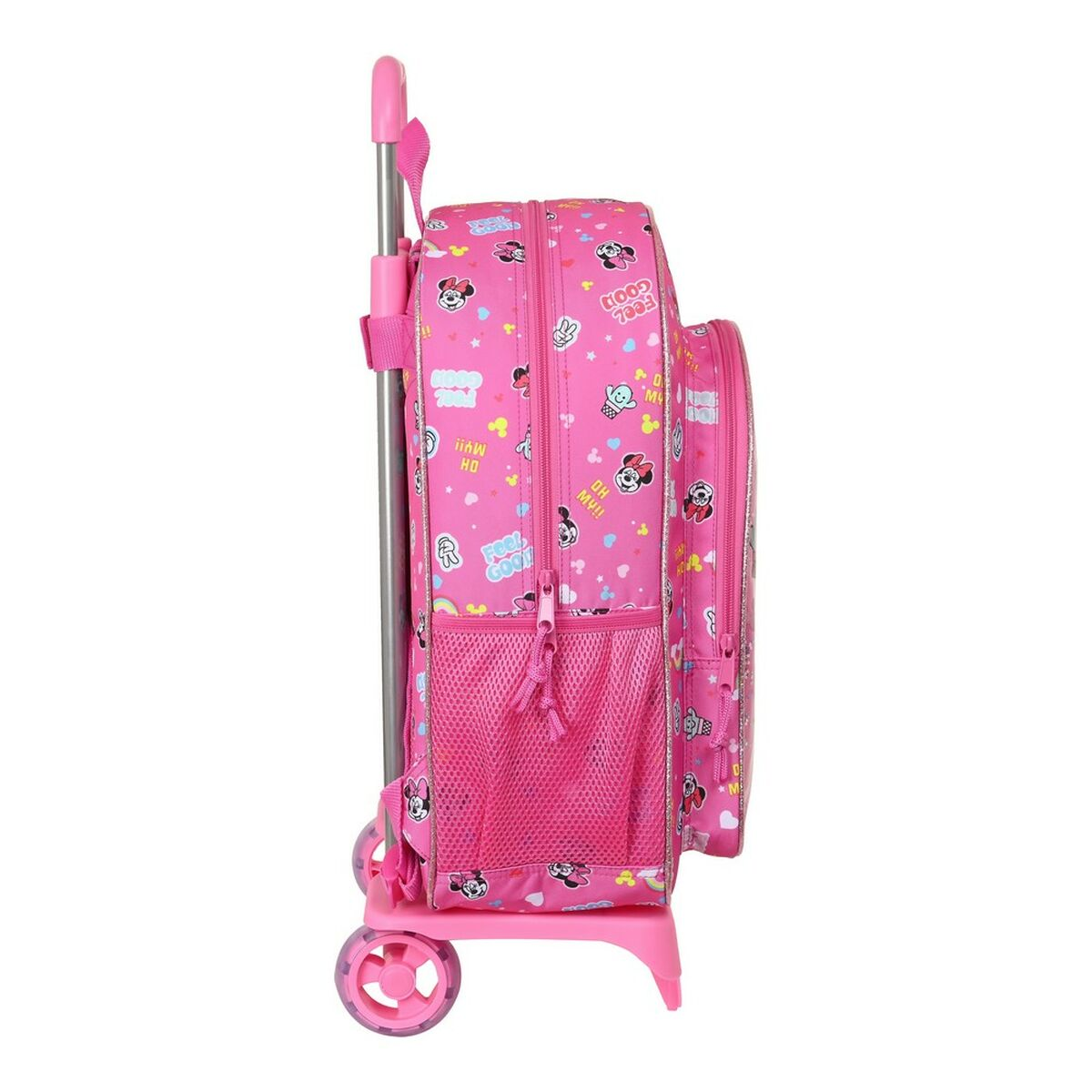 Ein pinker Rollkoffer-Rucksack mit Micky-Maus-Motiven und Schriftzug.