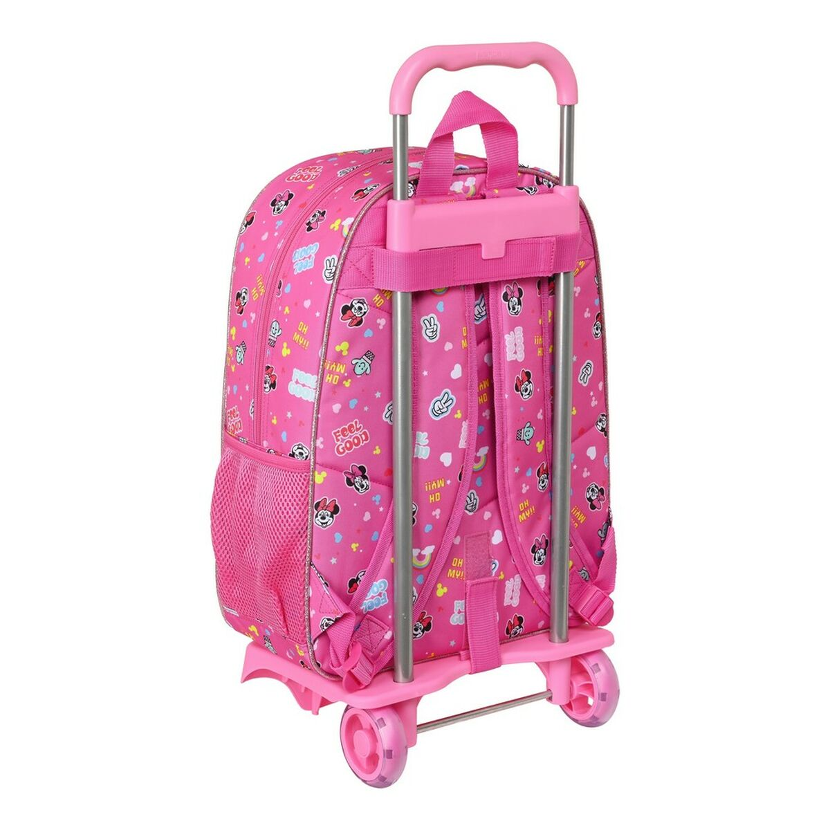 Ein pinker Rollkoffer-Rucksack mit Minnie Maus-Motiv und pinken Rädern.