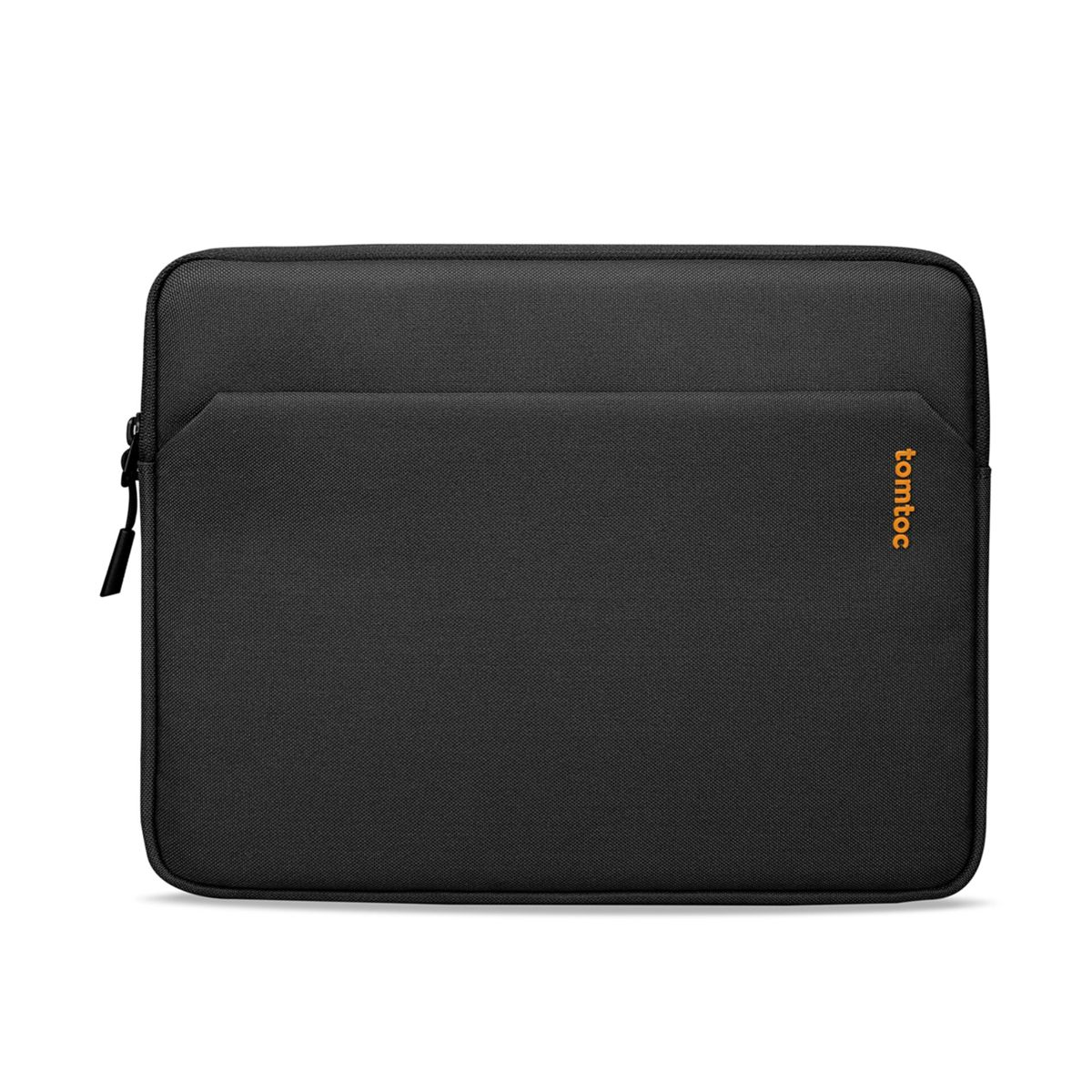 Schwarze Laptoptasche mit Reißverschluss und orangefarbenem Logo.