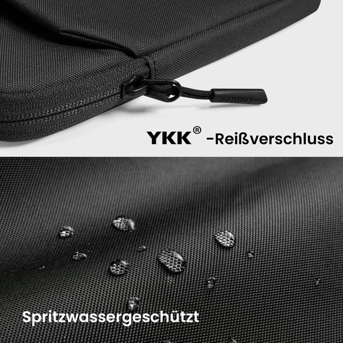 Schwarze Tasche mit YKK-Reißverschluss und Wassertropfen. Spritzwassergeschützt.