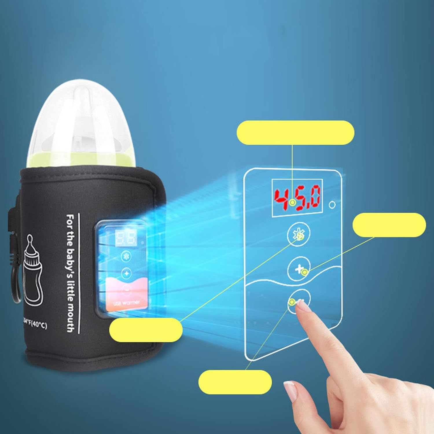 Ein Flaschenwärmer mit einem Babyflaschenaufsatz und einem digitalen Display. Eine Hand bedient das Display.