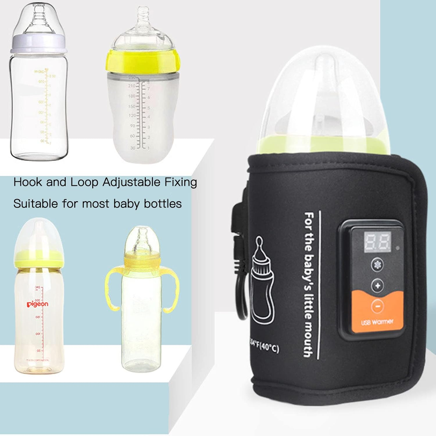 Babyflaschen, eine mit USB-Wärmer, und Text über verstellbare Befestigung.
