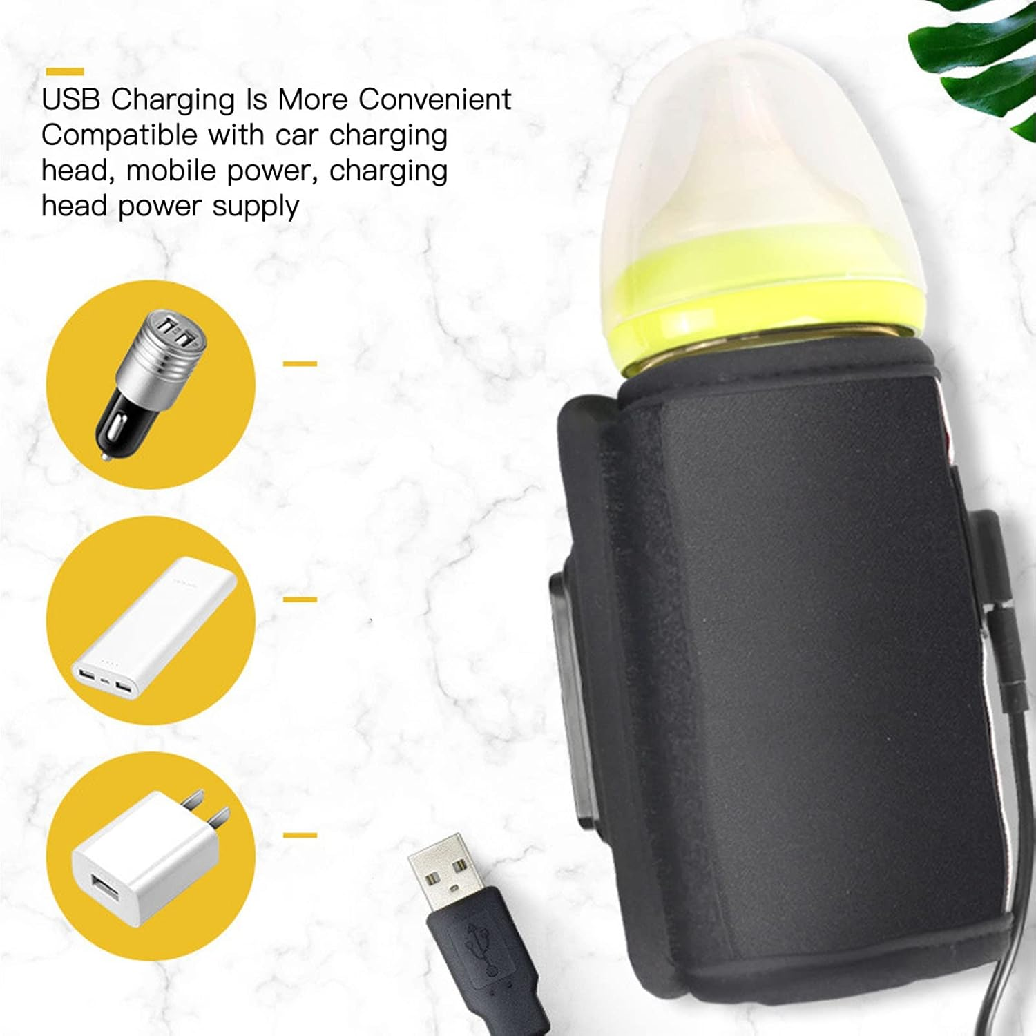 Ein Babyflaschenwärmer mit USB-Ladeoptionen: ein Auto-Ladegerät, eine Powerbank und ein Netzteil.