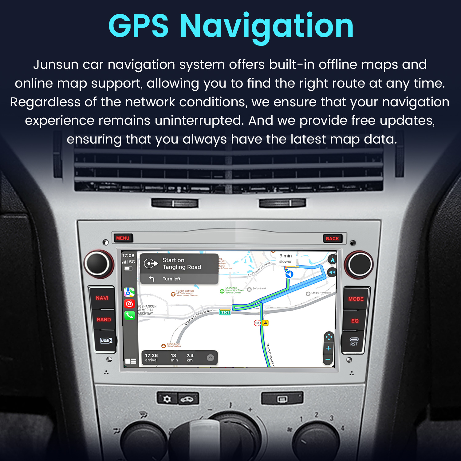 Ekran nawigacji GPS w samochodzie pokazujący mapę i trasę.