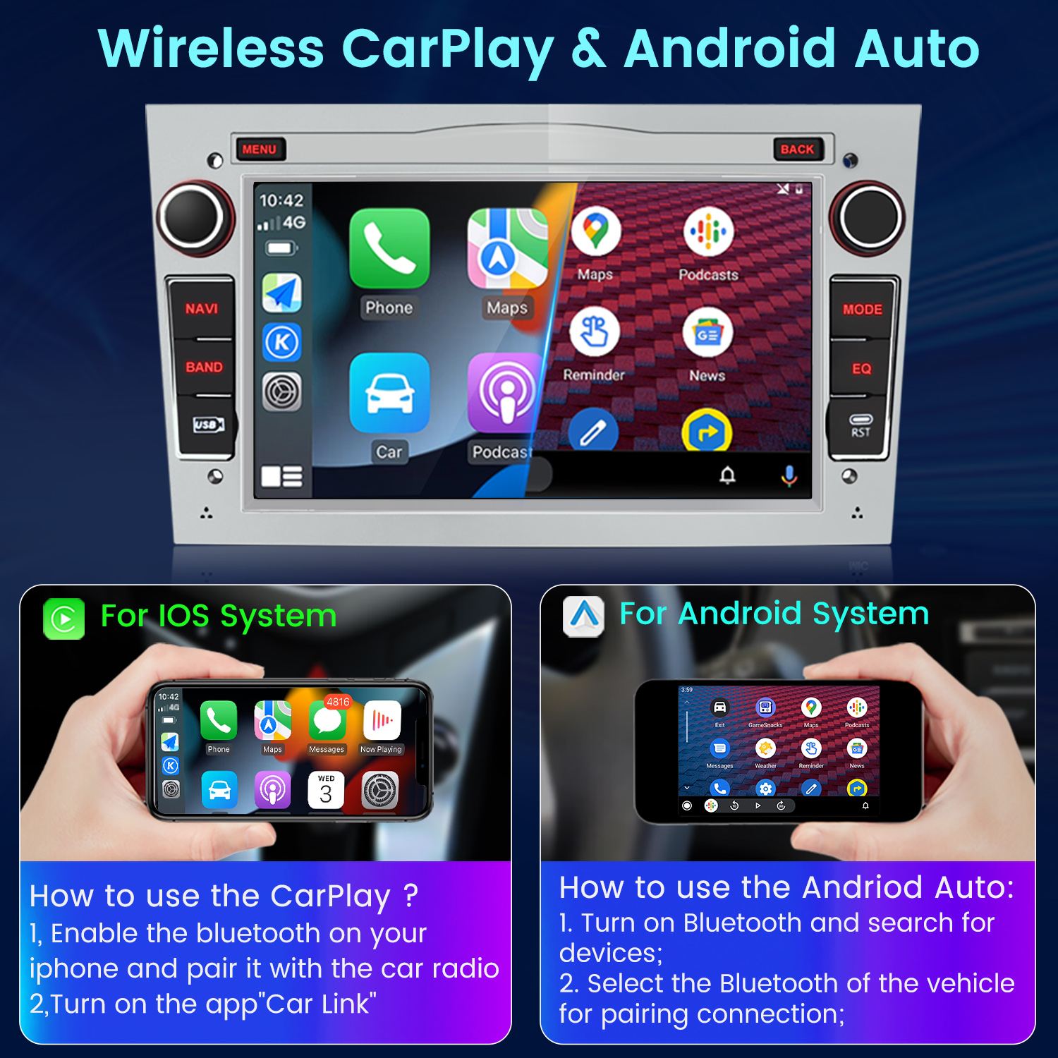 Wyświetlacz samochodowy pokazuje bezprzewodowy CarPlay i Android Auto. Lewa strona pokazuje telefon z iOS, prawa telefon z Androidem.