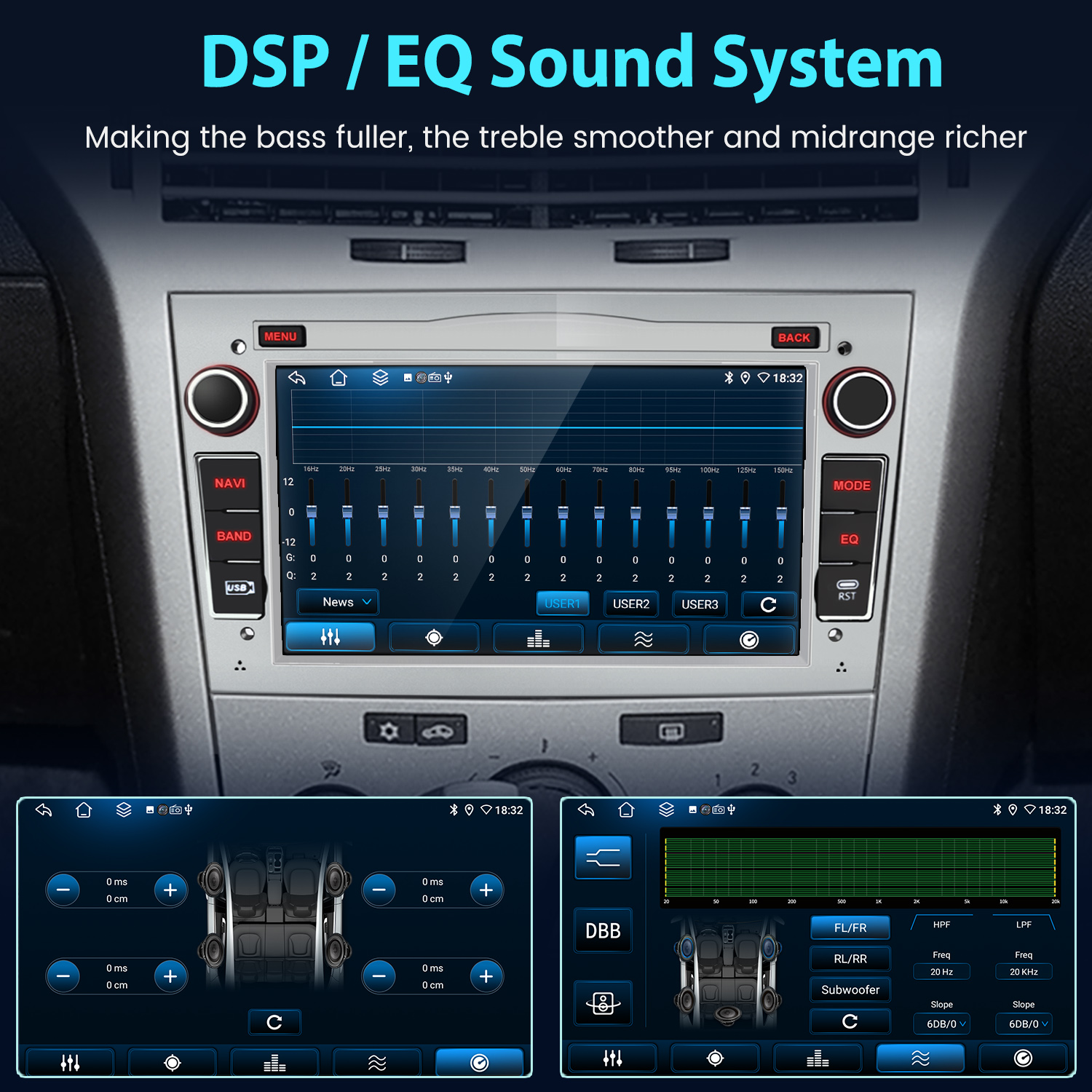 Deska rozdzielcza samochodu z wyświetlaczem systemu dźwiękowego DSP/EQ pokazującym ustawienia audio i wnętrze.