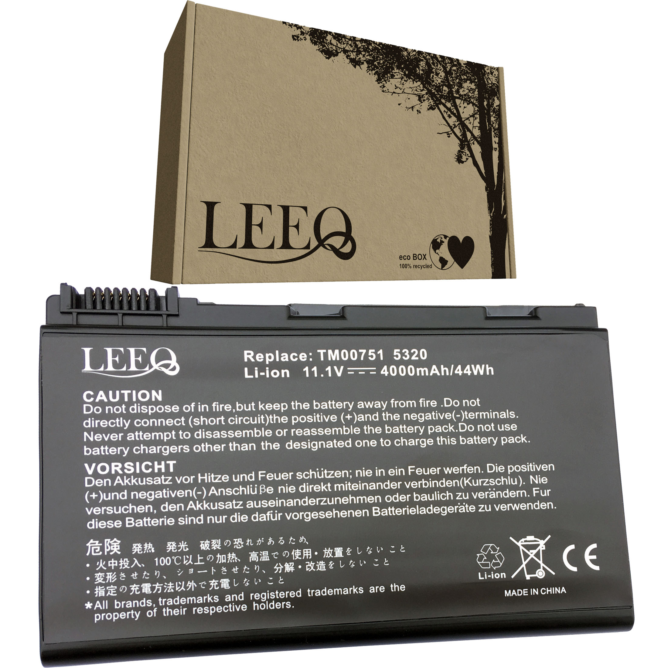 Bateria do laptopa LEEQ i jej ekologiczne pudełko. Bateria jest czarna z białym napisem.