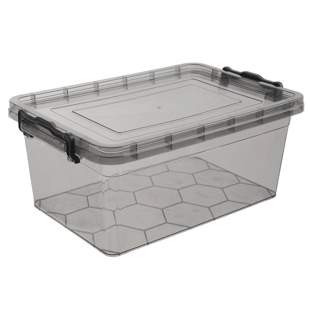 Contenitore trasparente con coperchio e clip neri.