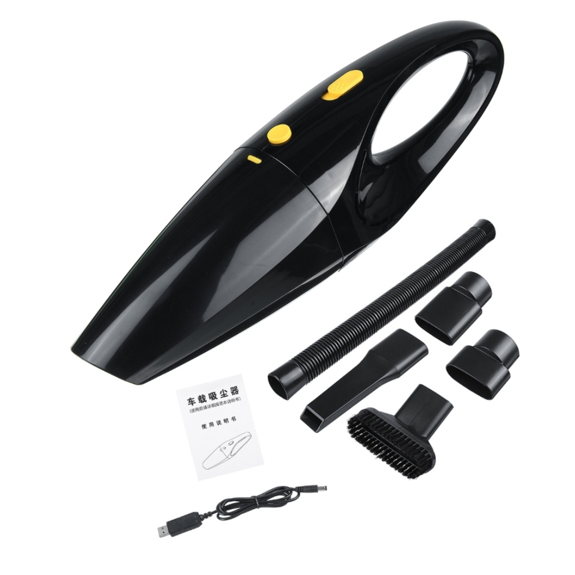 Schwarzer Handstaubsauger mit Zubehör, Anleitung und USB-Kabel.