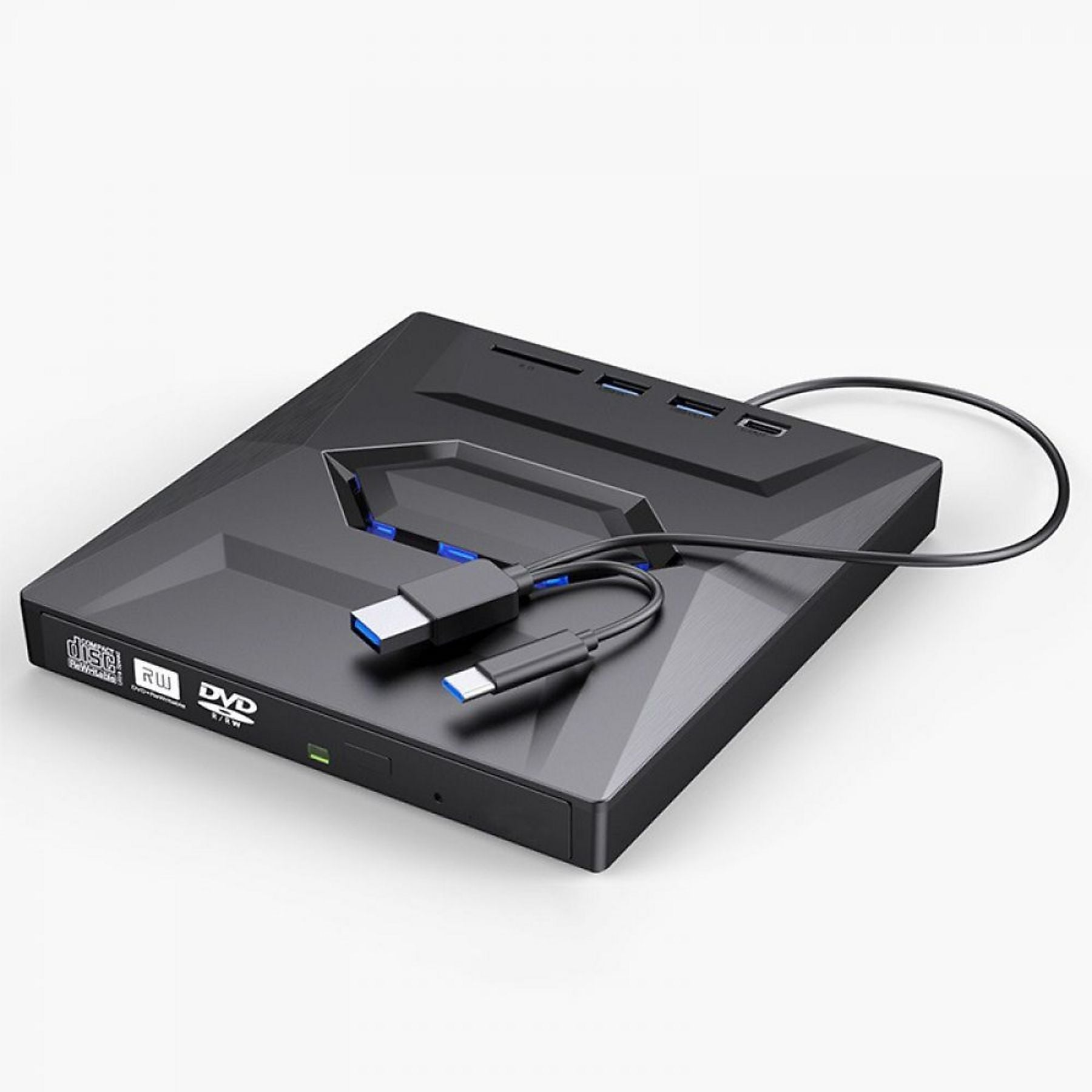 Schwarzer externer DVD-Brenner mit USB-C und USB-A Kabeln, mit mehreren USB-Ports.