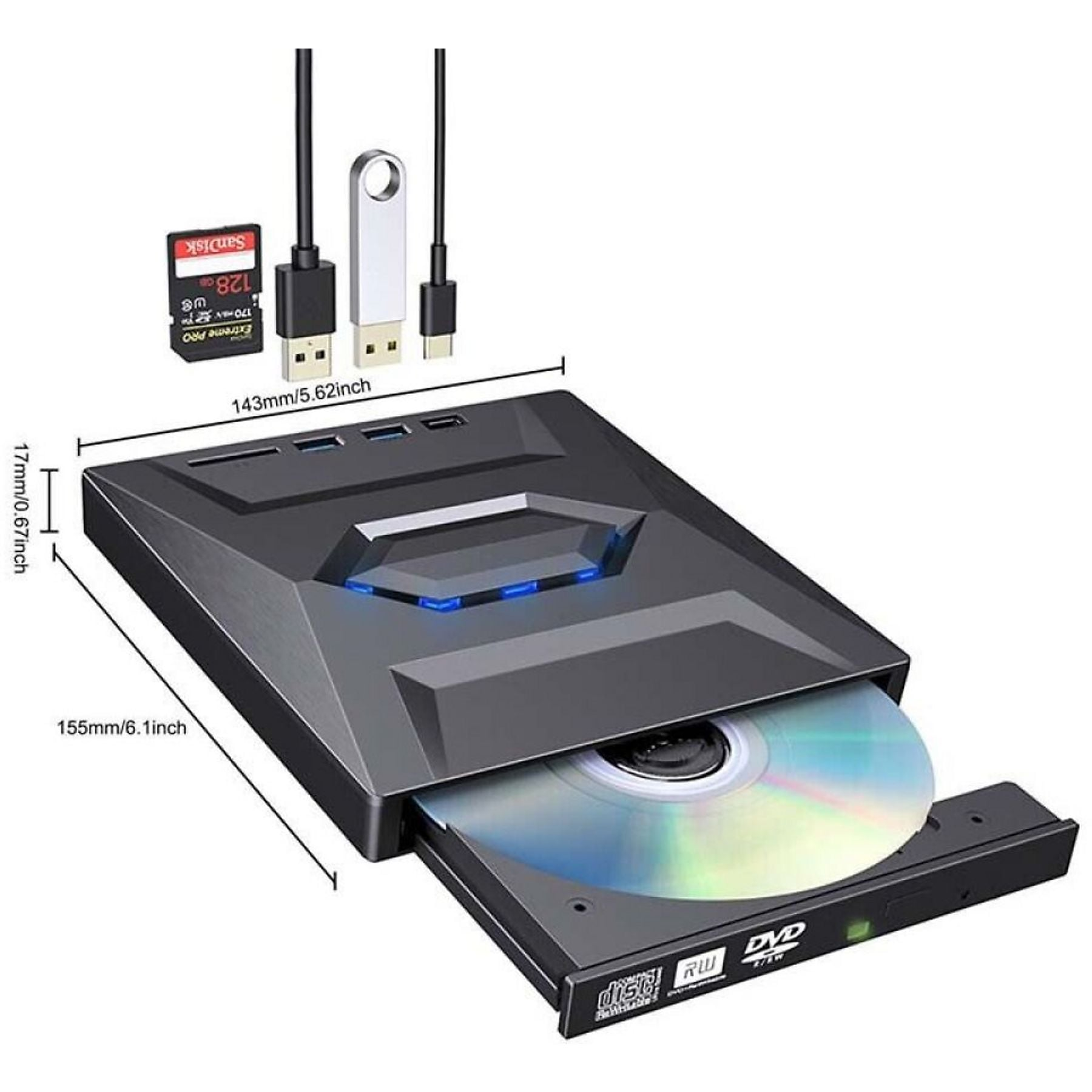 Externes DVD-Laufwerk mit USB-Hub, SD-Karte und USB-Stick. Maße angegeben.