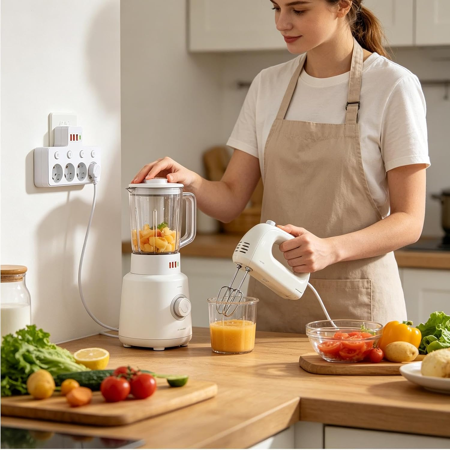 Eine Frau mixt in der Küche. Obst in Mixer, Gemüse auf Tisch.