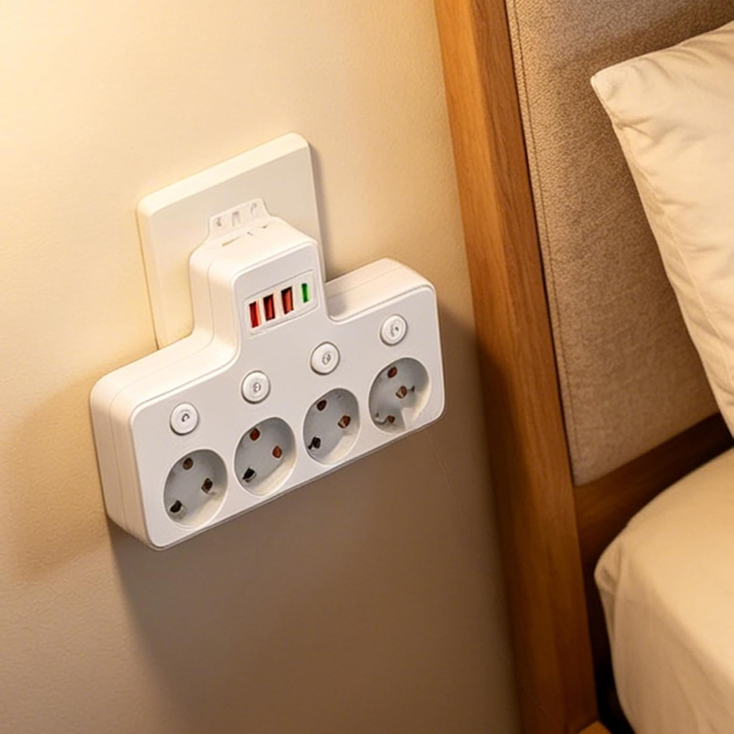 Ein weißer Mehrfachsteckdosenadapter mit USB-Anschlüssen ist an einer hellbraunen Wand neben einem Bett montiert.