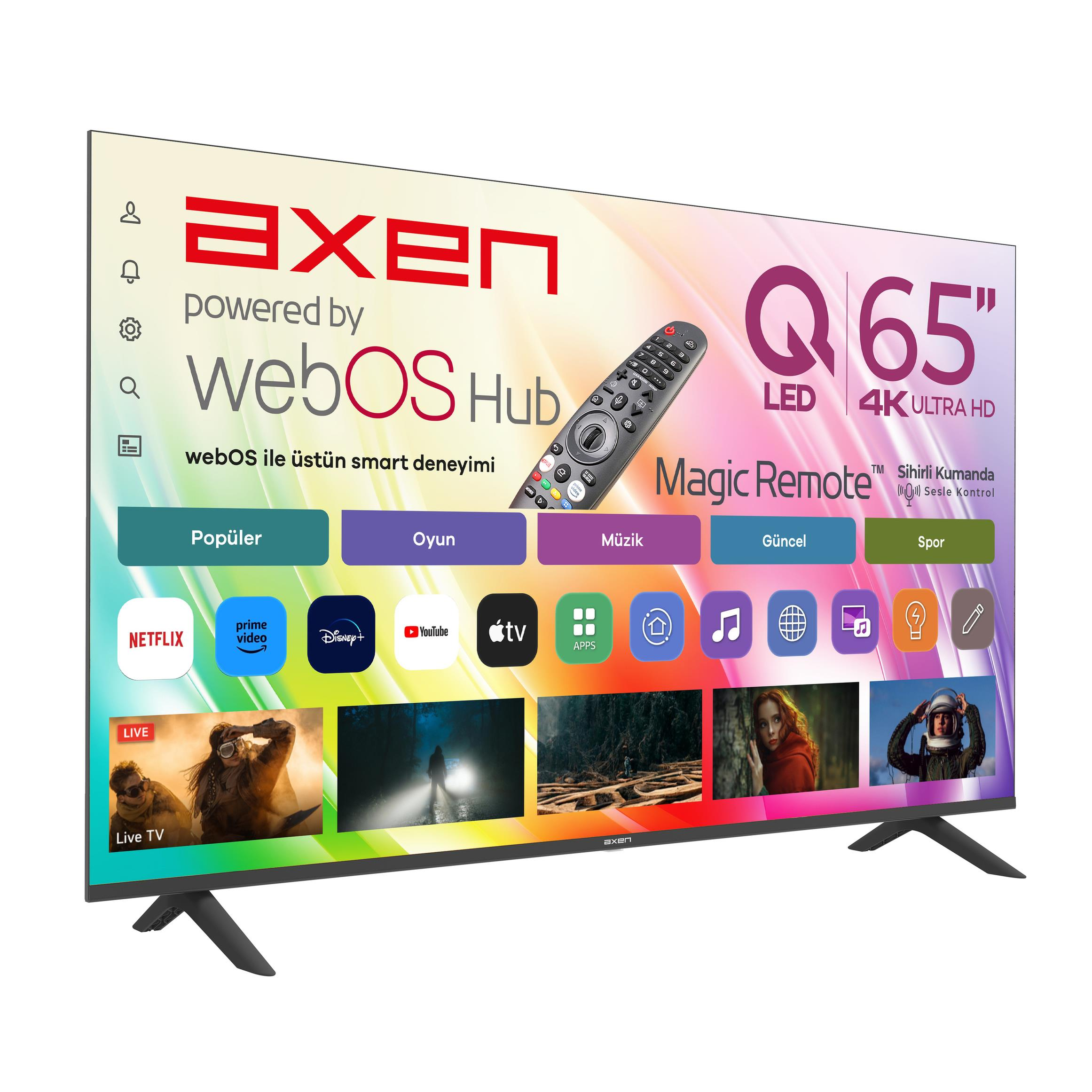 Magic Remote ve webOS Hub'lı Axen QLED 4K Smart TV. Netflix gibi uygulamalar görünür.