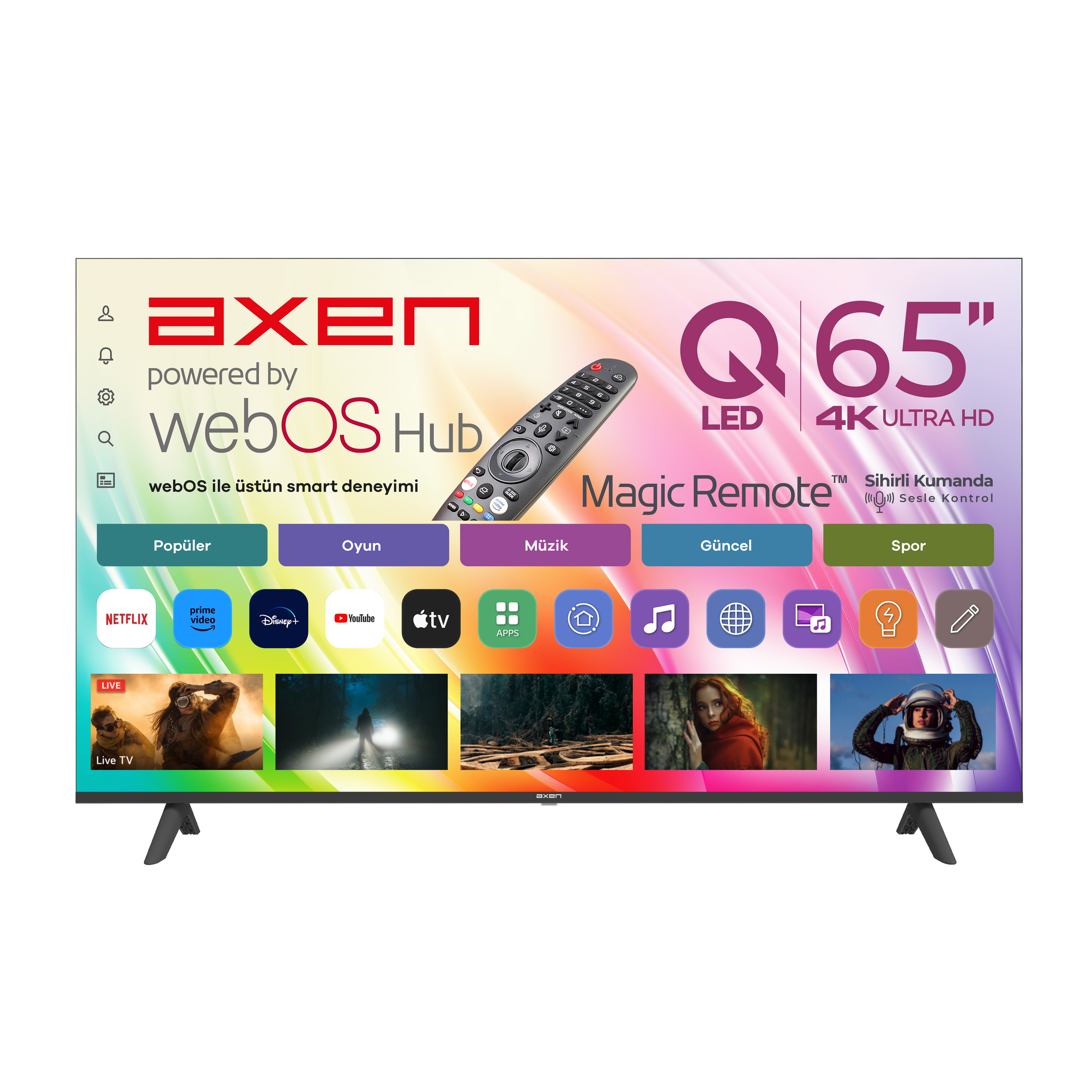 Magic Remote ve WebOS Hub'lu 65 inç Axen Smart TV. Uygulamalar ve canlı TV gösterir.
