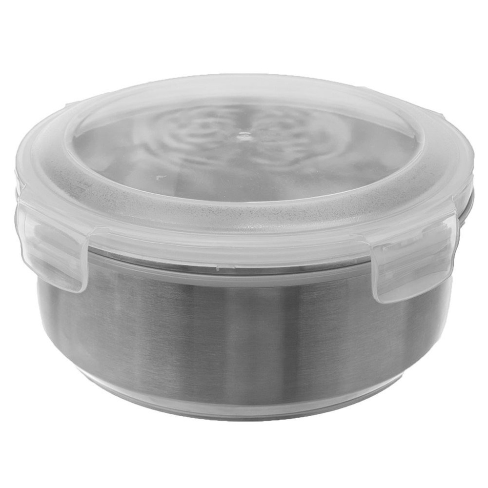 Contenitore rotondo in acciaio inossidabile con coperchio trasparente e clip di bloccaggio.