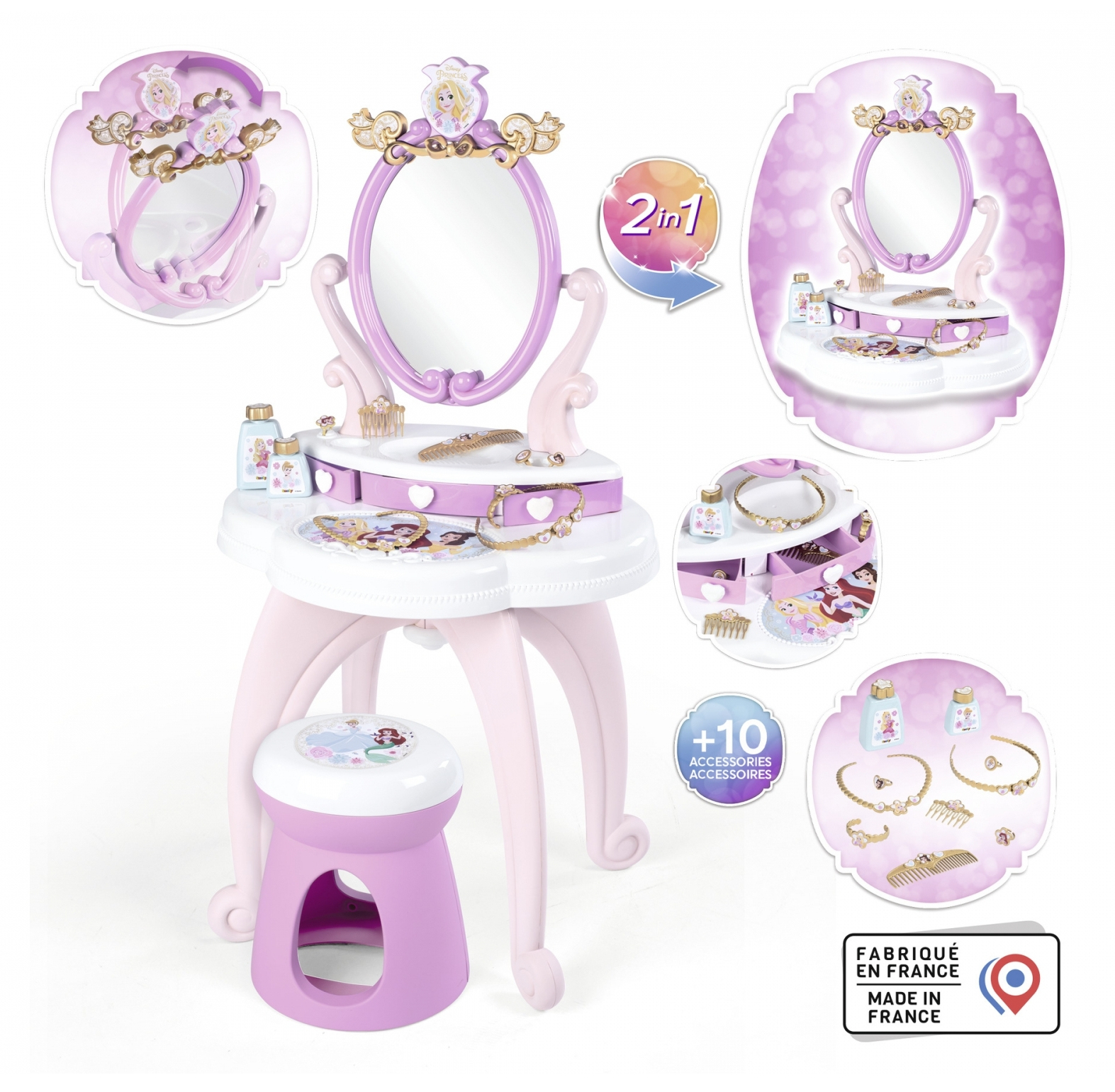 Una toeletta da principessa con specchio, sgabello e accessori.