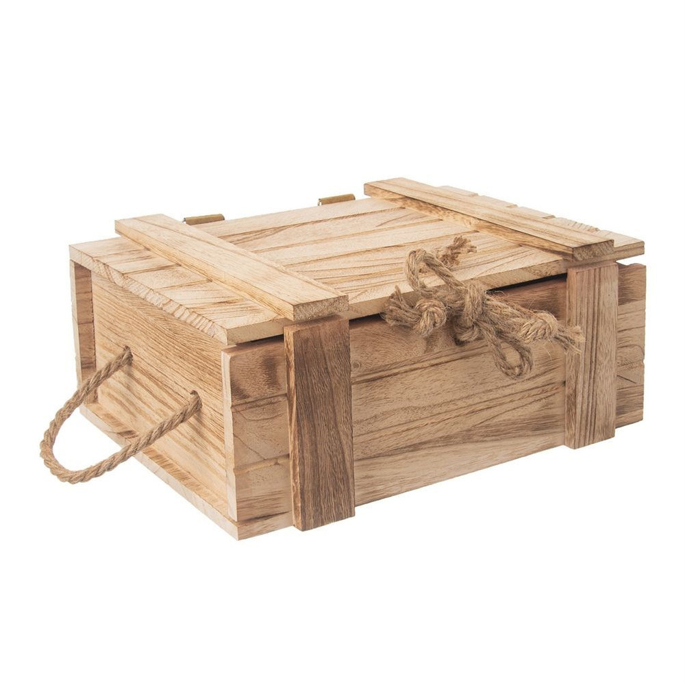 Una cassa di legno con manici di corda e un laccio di corda sul coperchio.