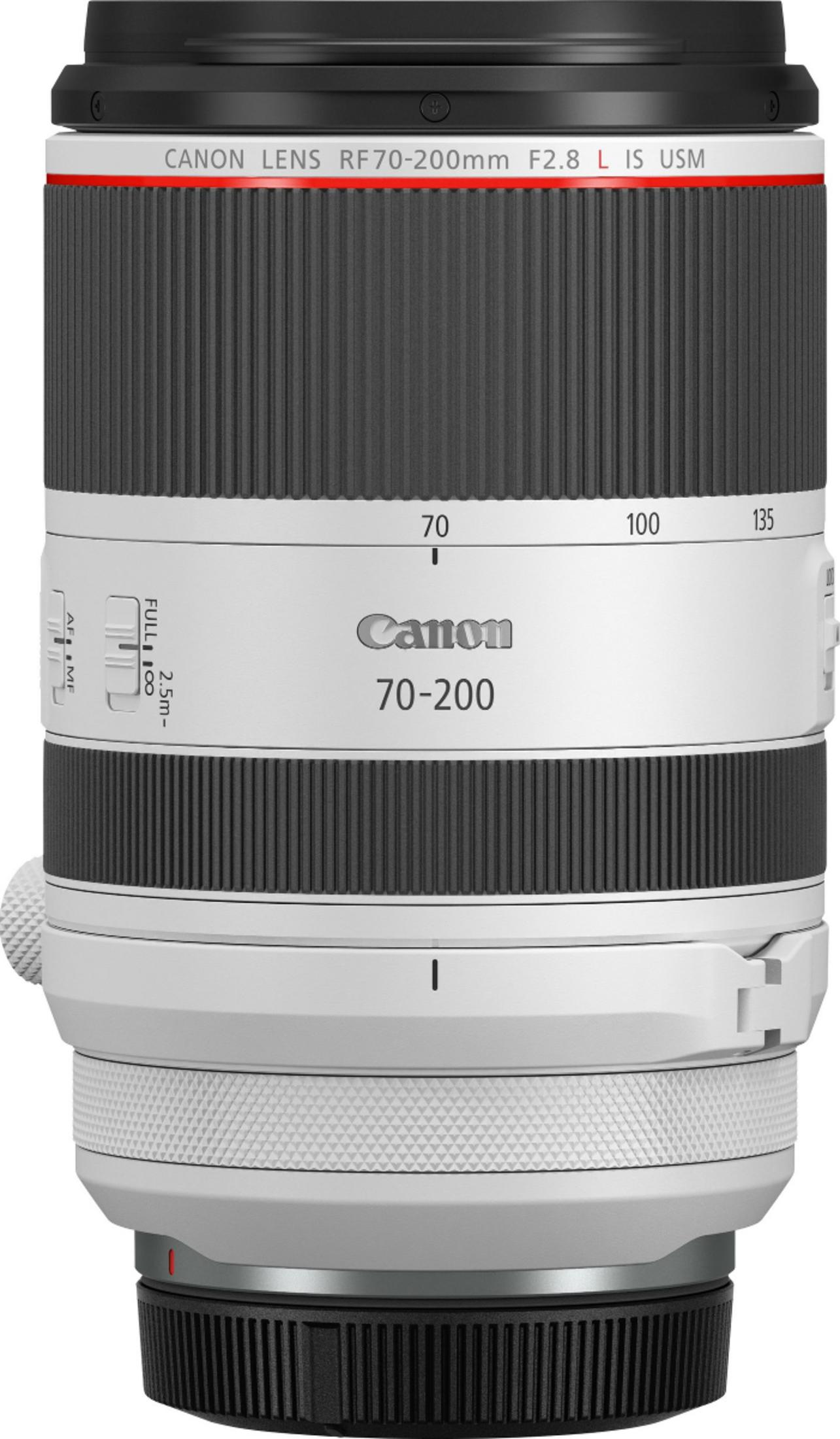 Obiettivo Canon RF 70-200mm F2.8 L IS USM. Bianco e nero con segni di zoom.