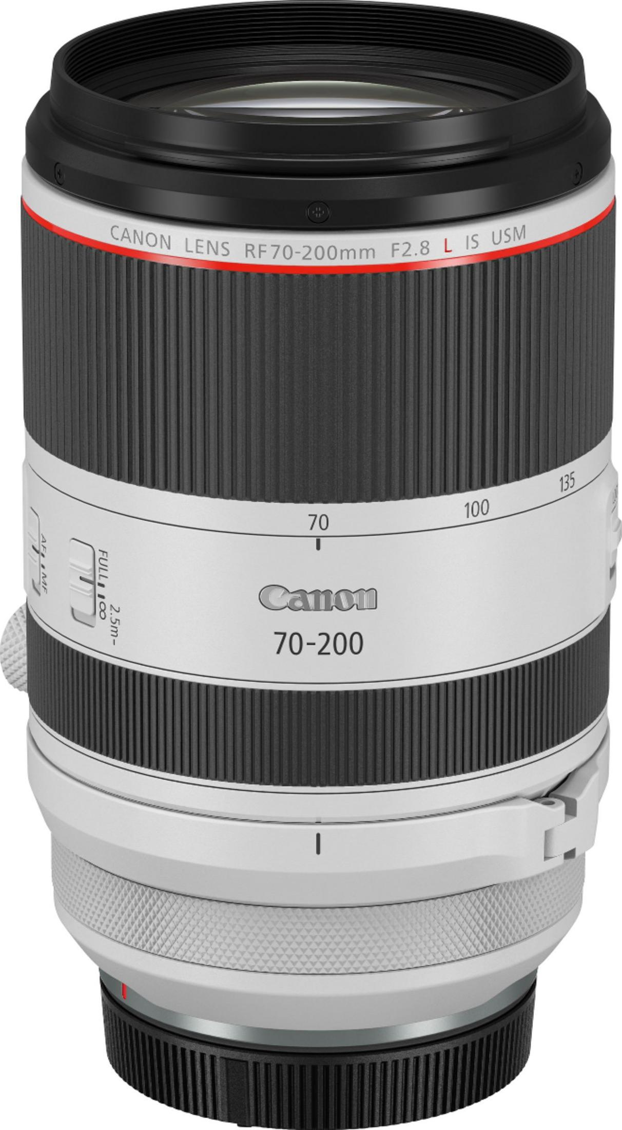 Obiettivo Canon RF 70-200mm f/2.8L IS USM con controlli zoom e messa a fuoco.