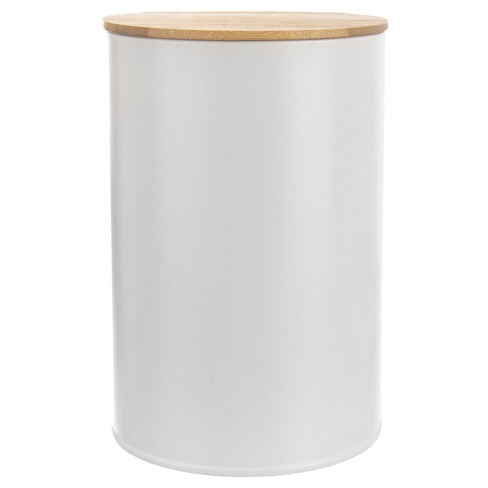 Un contenitore cilindrico bianco con coperchio in legno.