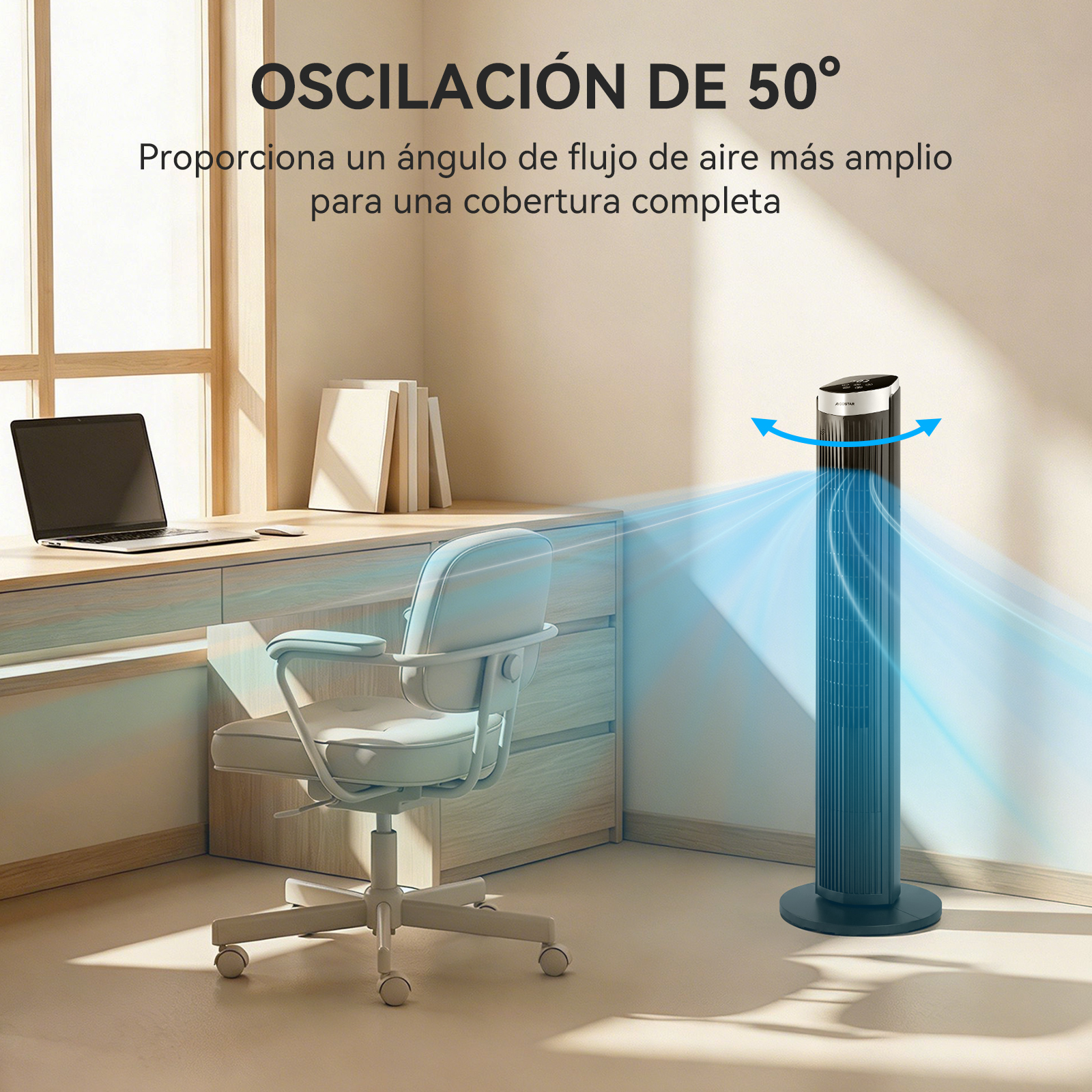 Ein schlanker Turmventilator mit 50° Oszillation bläst Luft in einem Büroumgebung.