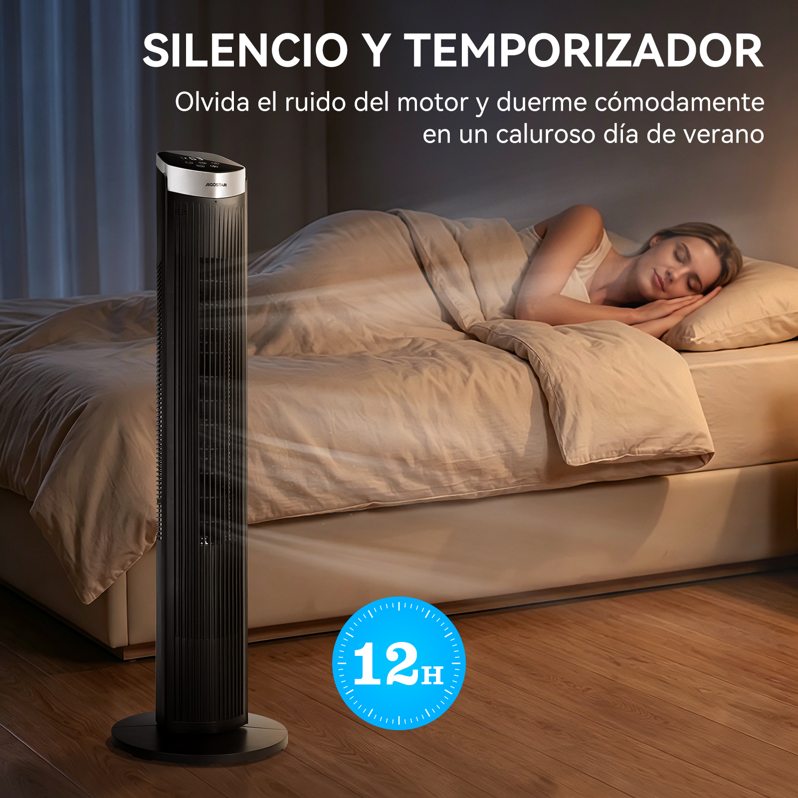 Ein schlanker Turmventilator neben einem Bett, auf dem eine Frau schläft. Ein 12-Stunden-Timer ist sichtbar.