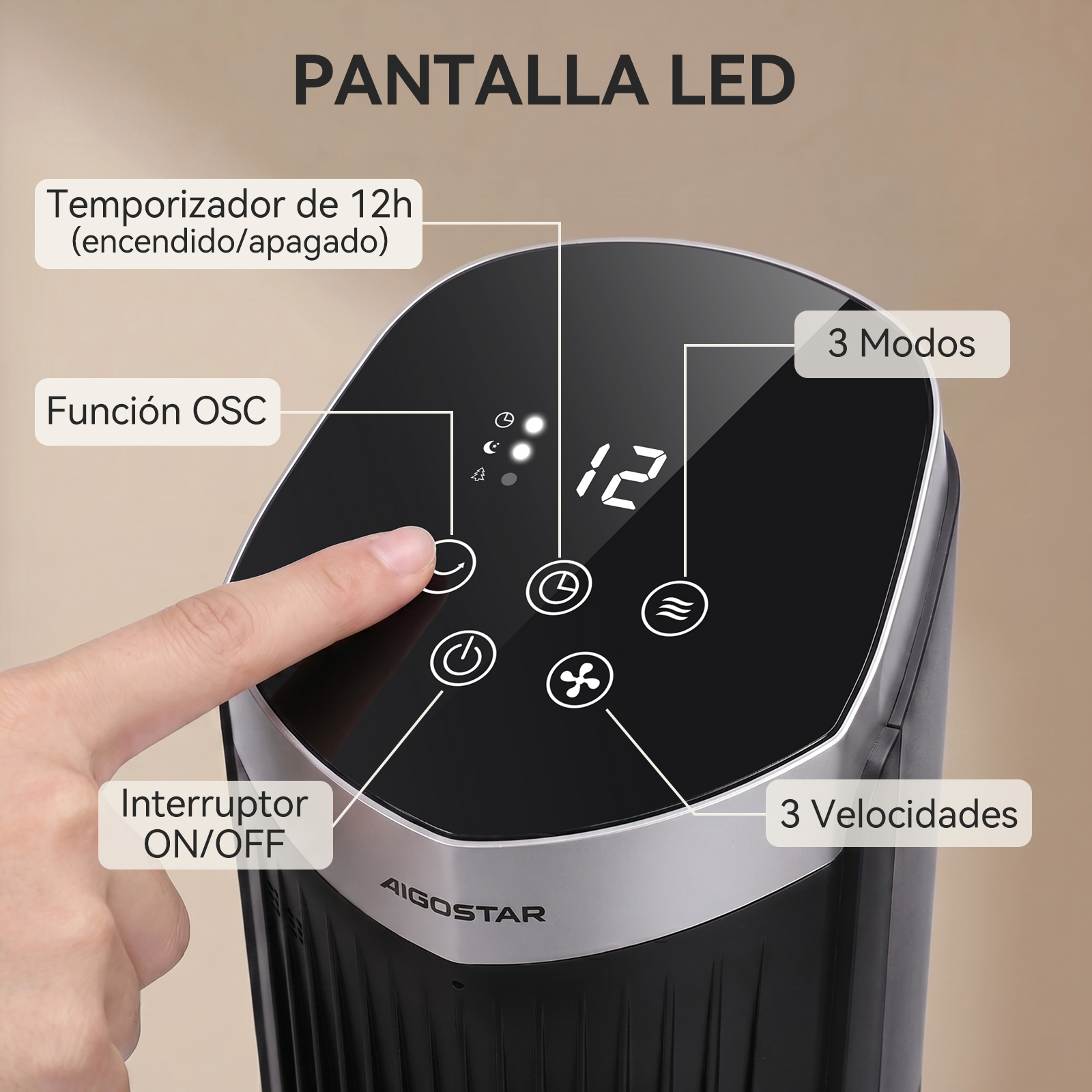 Ein Finger drückt auf die Bedienelemente einer schwarzen Lüftersteuerung mit LED-Anzeige.