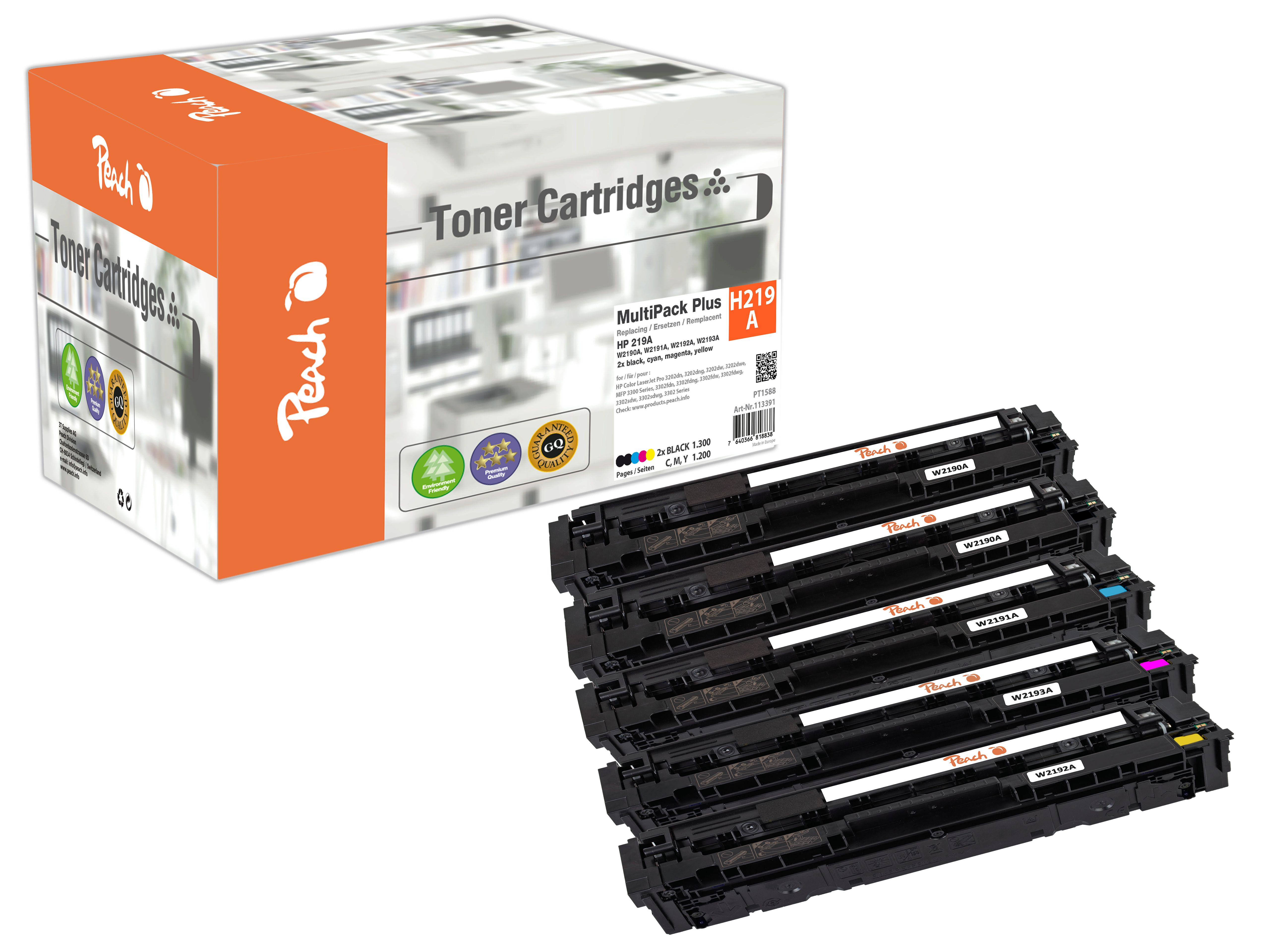 Peach Toner-Multipack: Box und vier Patronen.