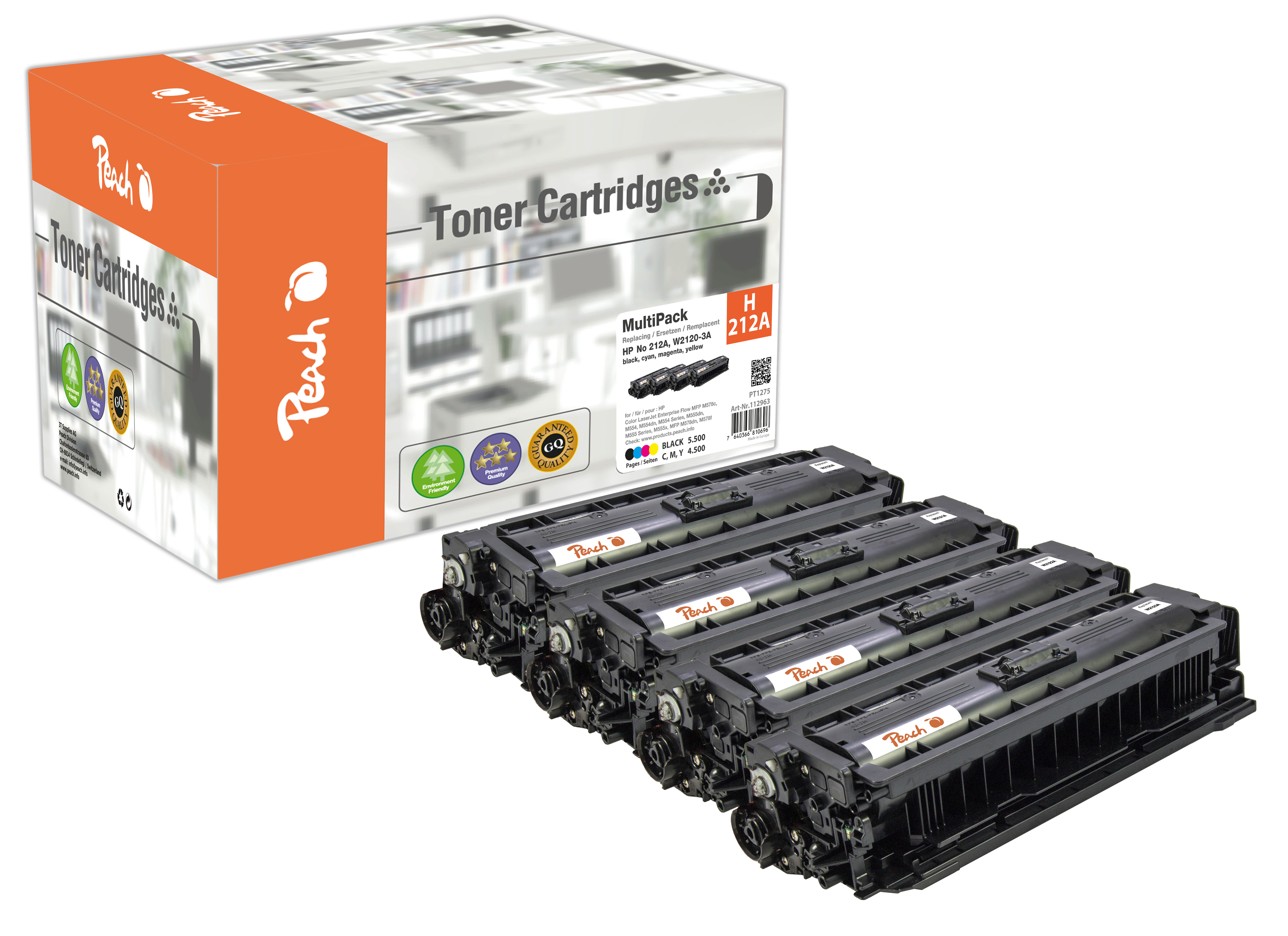 Peach Toner-Multipack mit vier Patronen für HP-Drucker, schwarz, cyan, magenta, gelb.