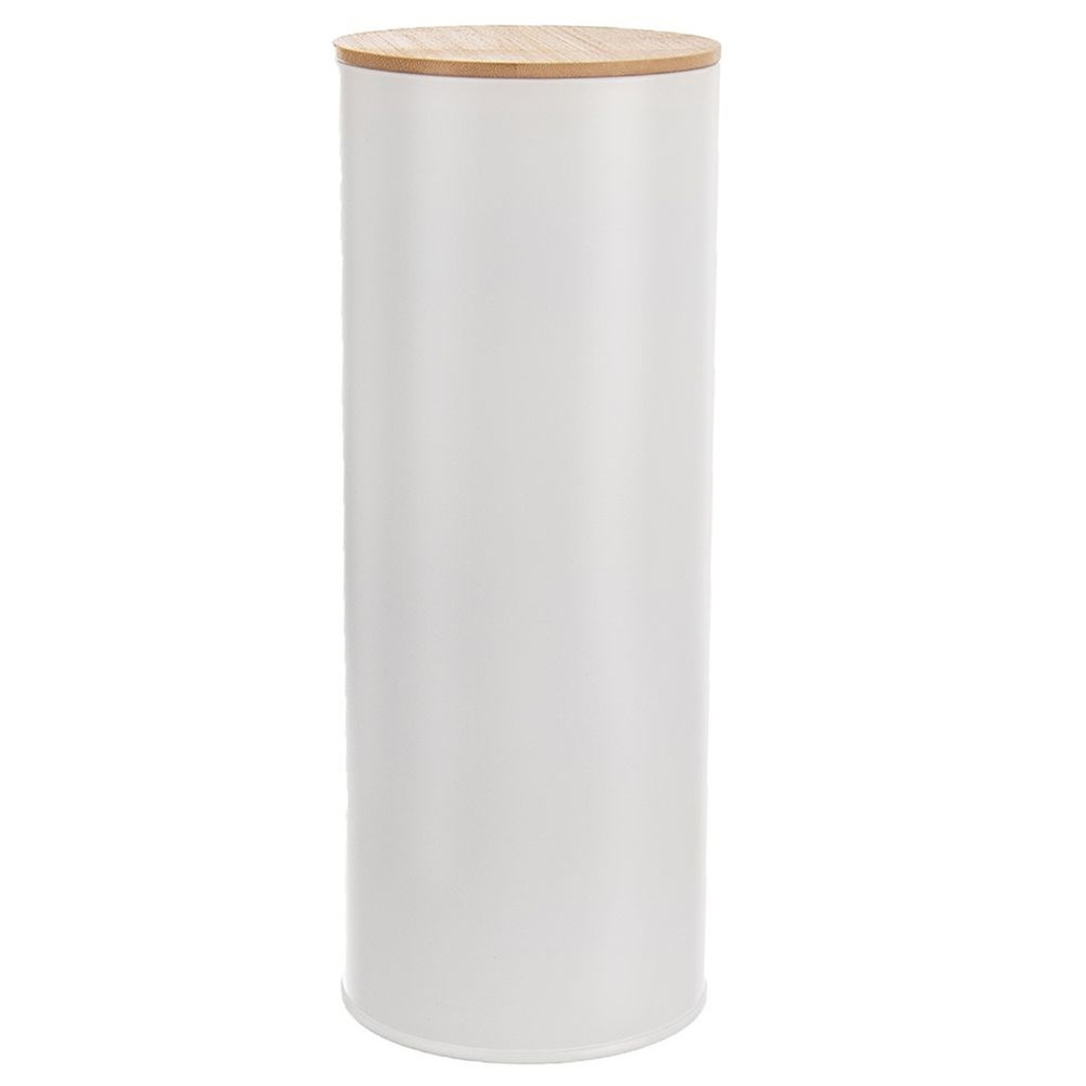 Un contenitore cilindrico bianco con coperchio in legno.