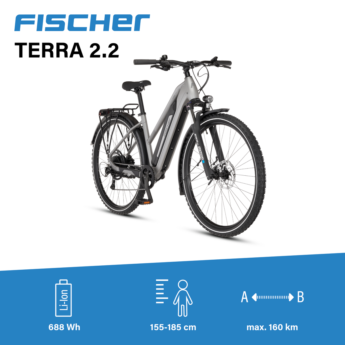Graues Fischer Terra 2.2 E-Bike mit Gepäckträger und Akku. Reichweite 160 km.