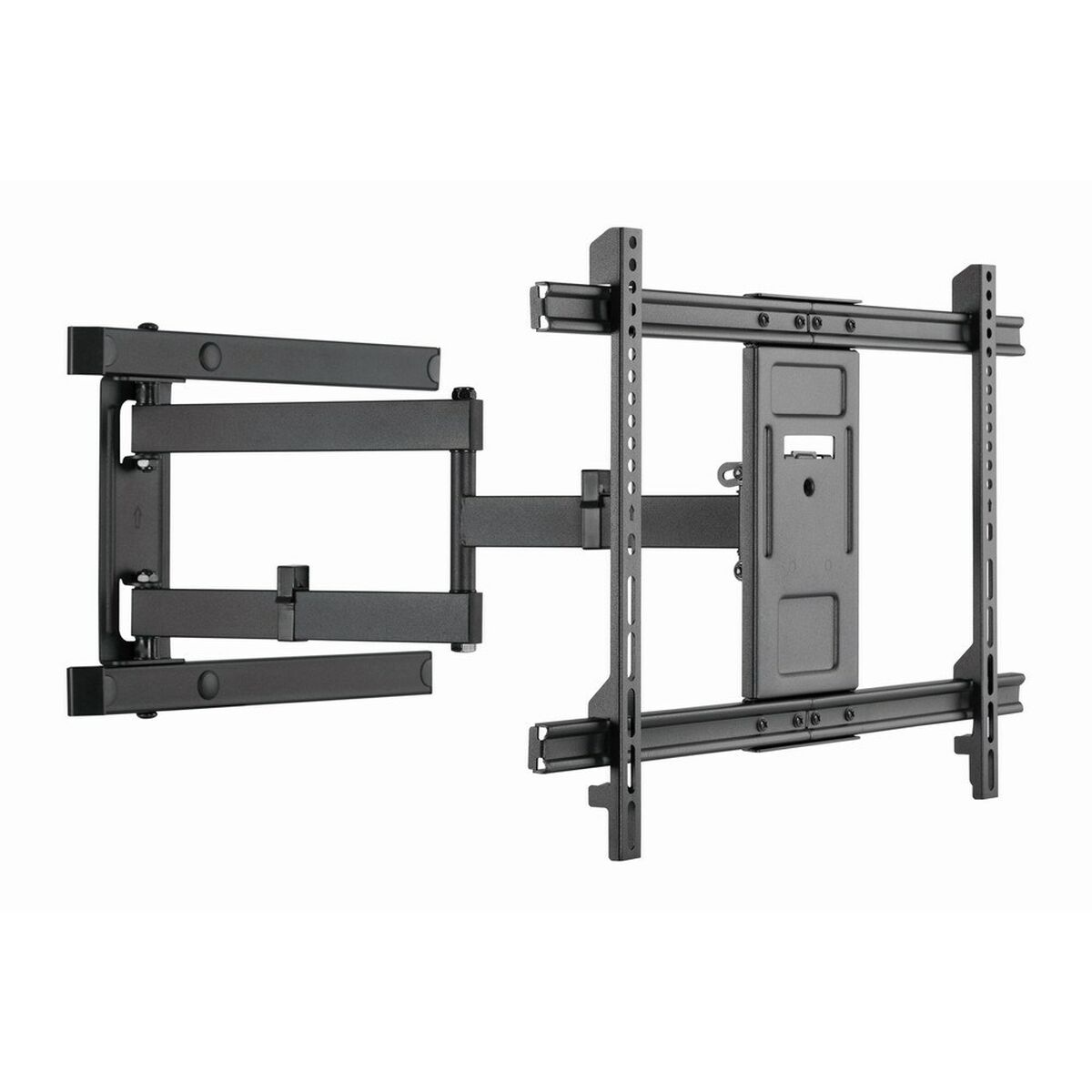 Black TV wall mount with extending arm and adjustable plate.