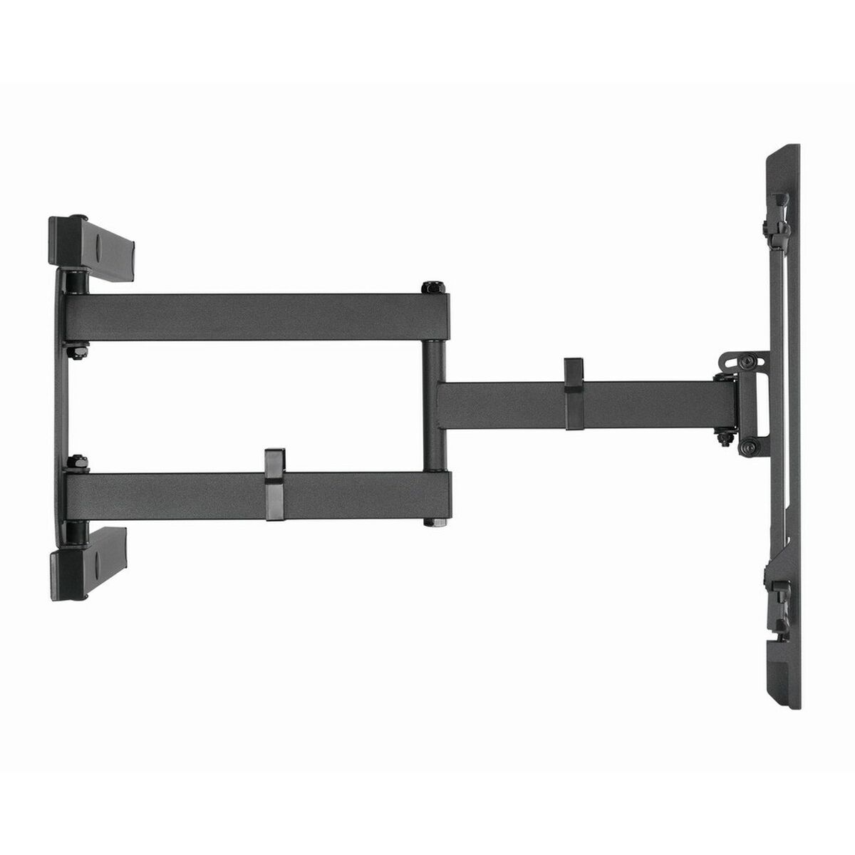 Black TV wall mount with articulating arm, isolated on a white background.