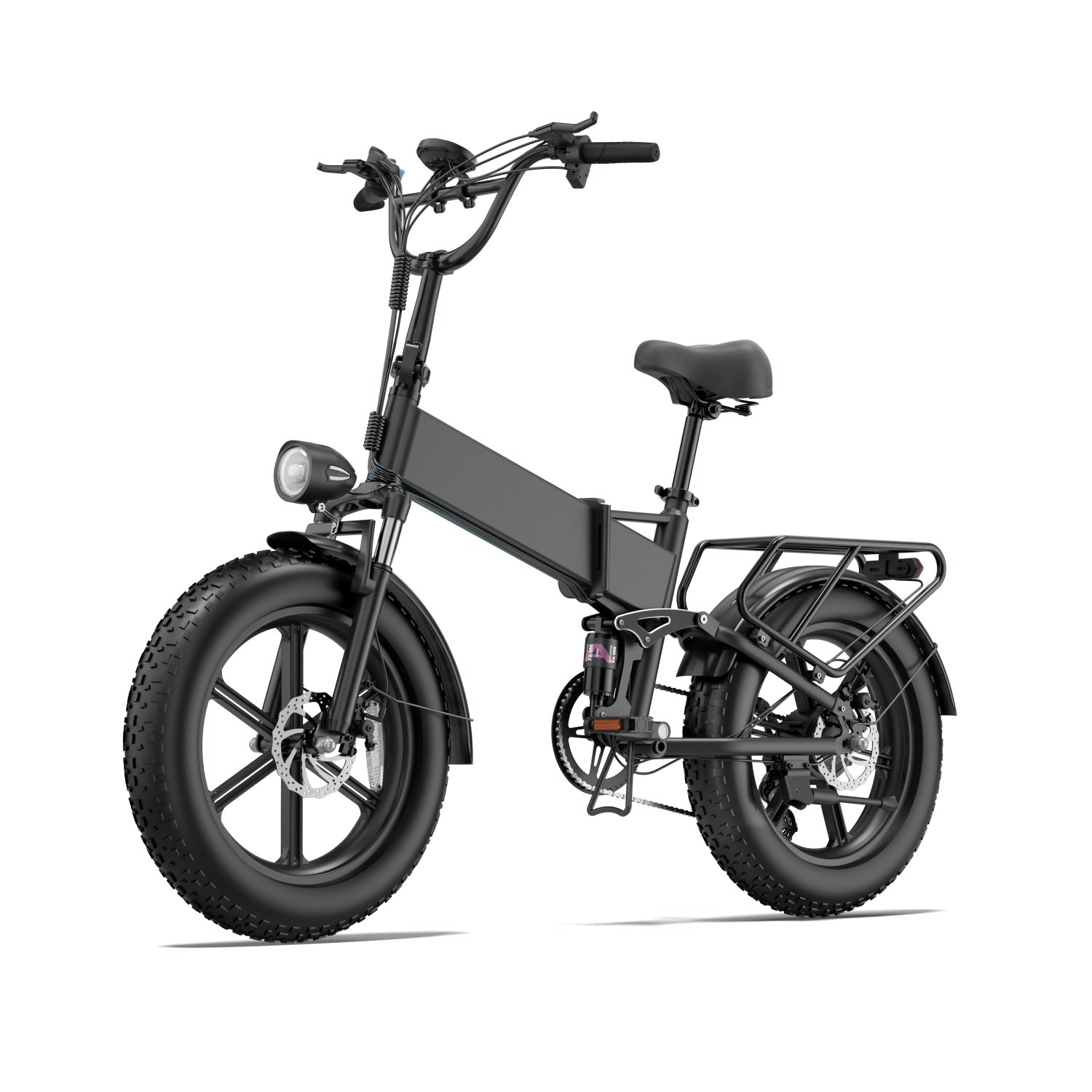Una bicicletta elettrica nera con ruote grasse, fanale anteriore e portapacchi posteriore.