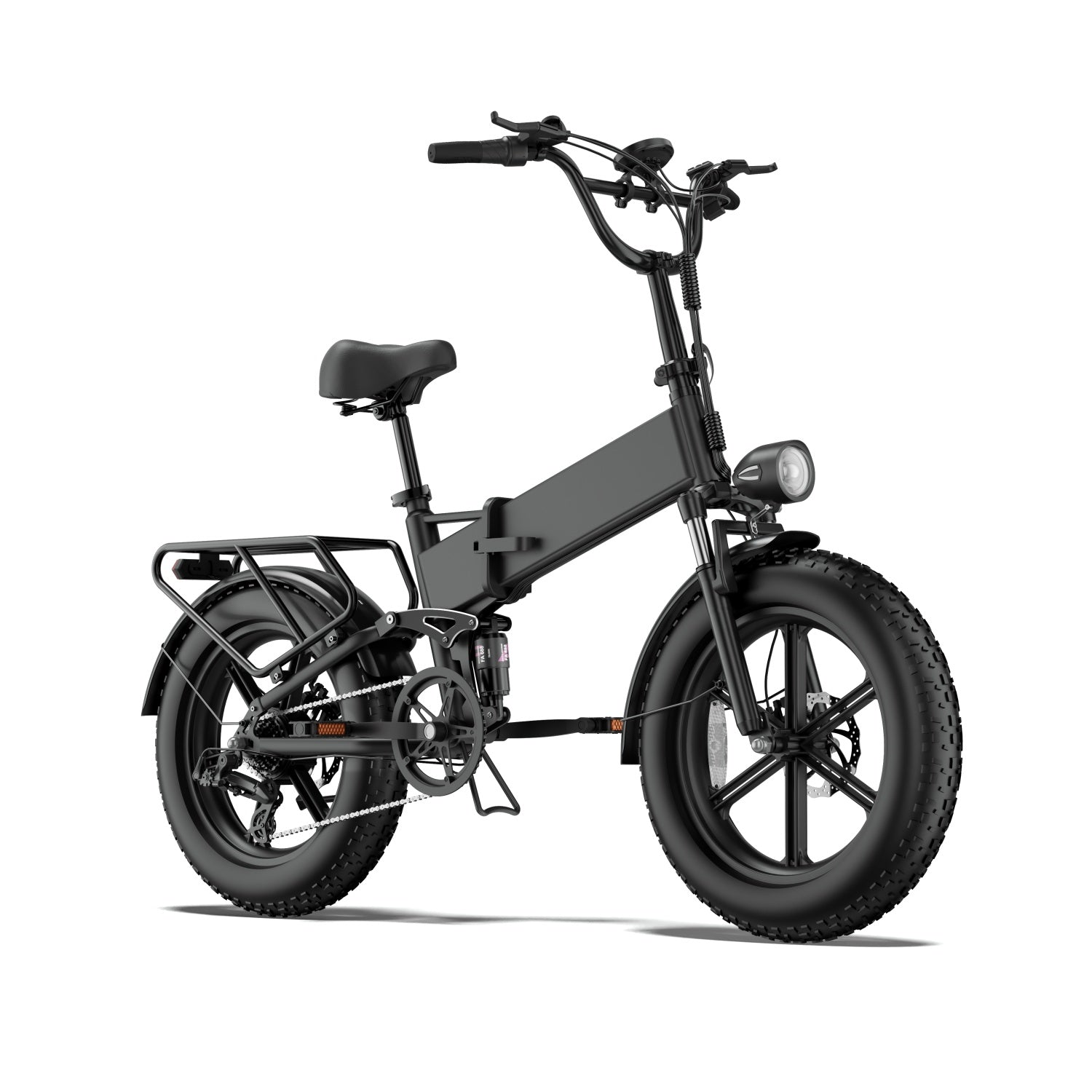 Una bicicletta elettrica pieghevole nera con pneumatici larghi, portapacchi posteriore e faro.