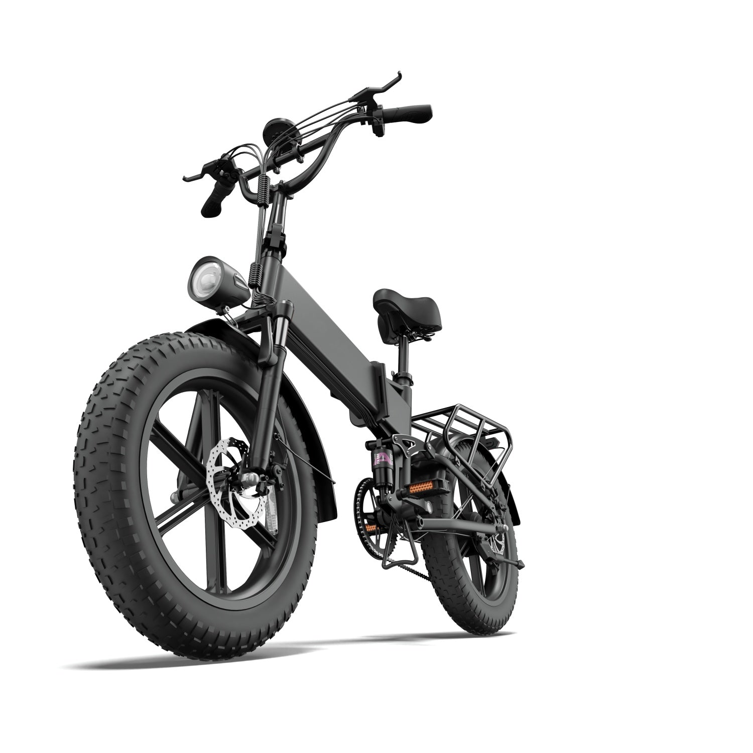 Una bicicletta elettrica pieghevole nera con pneumatici larghi, faro anteriore e portapacchi.