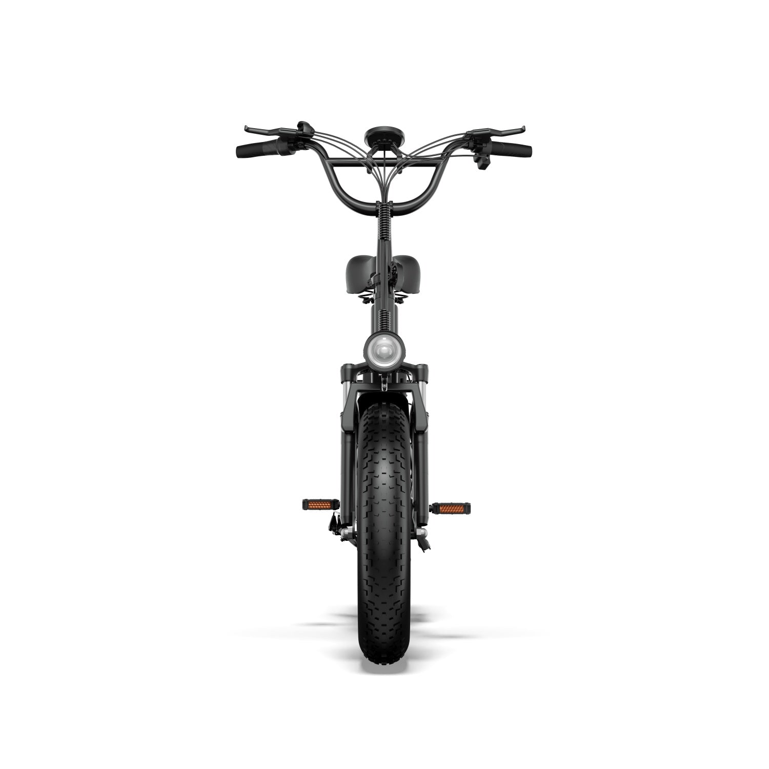 Bicicletta nera con pneumatici larghi, gomma spessa e pedali arancioni, vista frontale.