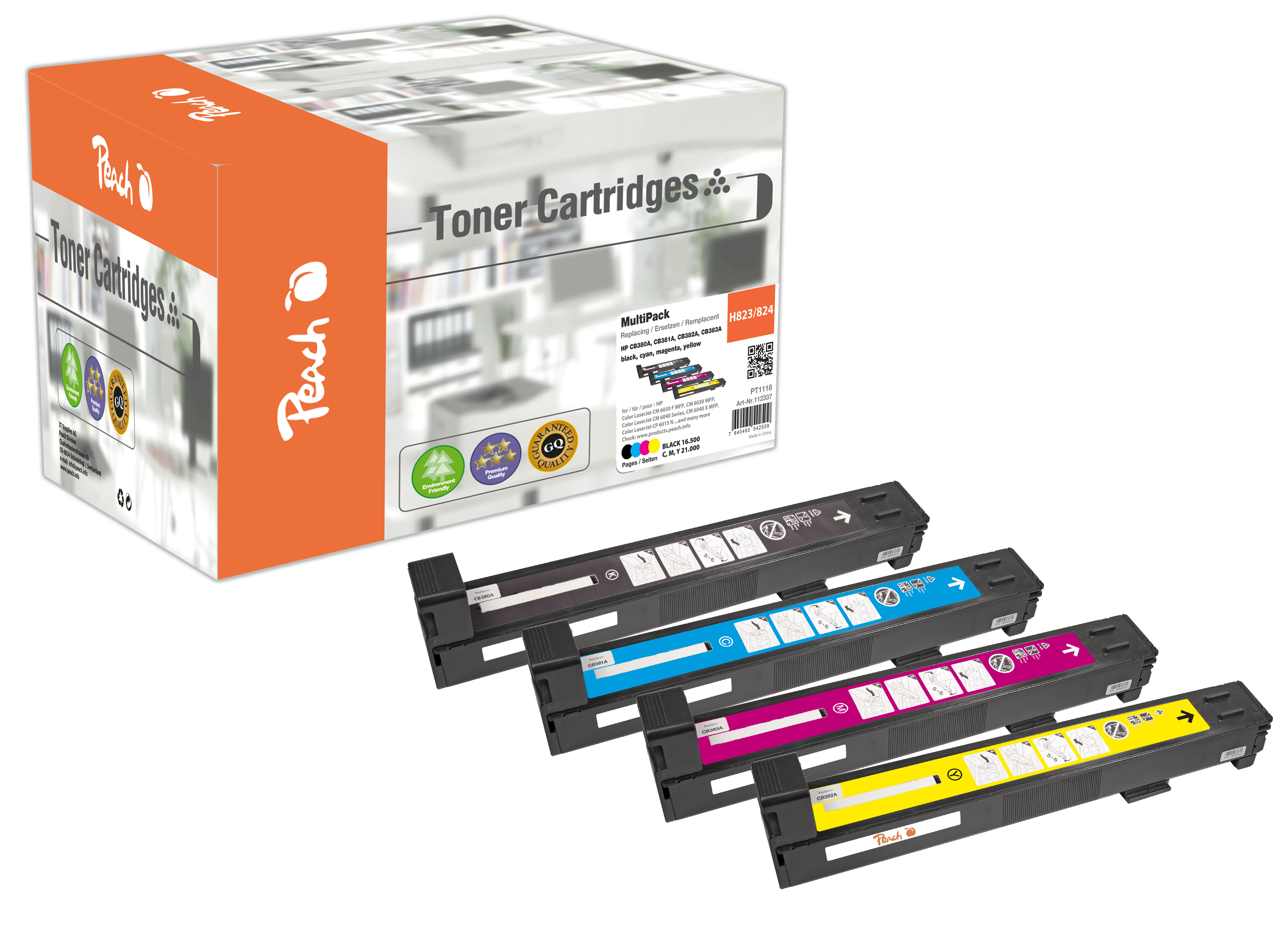 Peach Toner-Multipack: Schwarz, Cyan, Magenta, Gelb. Produkt H823/824.