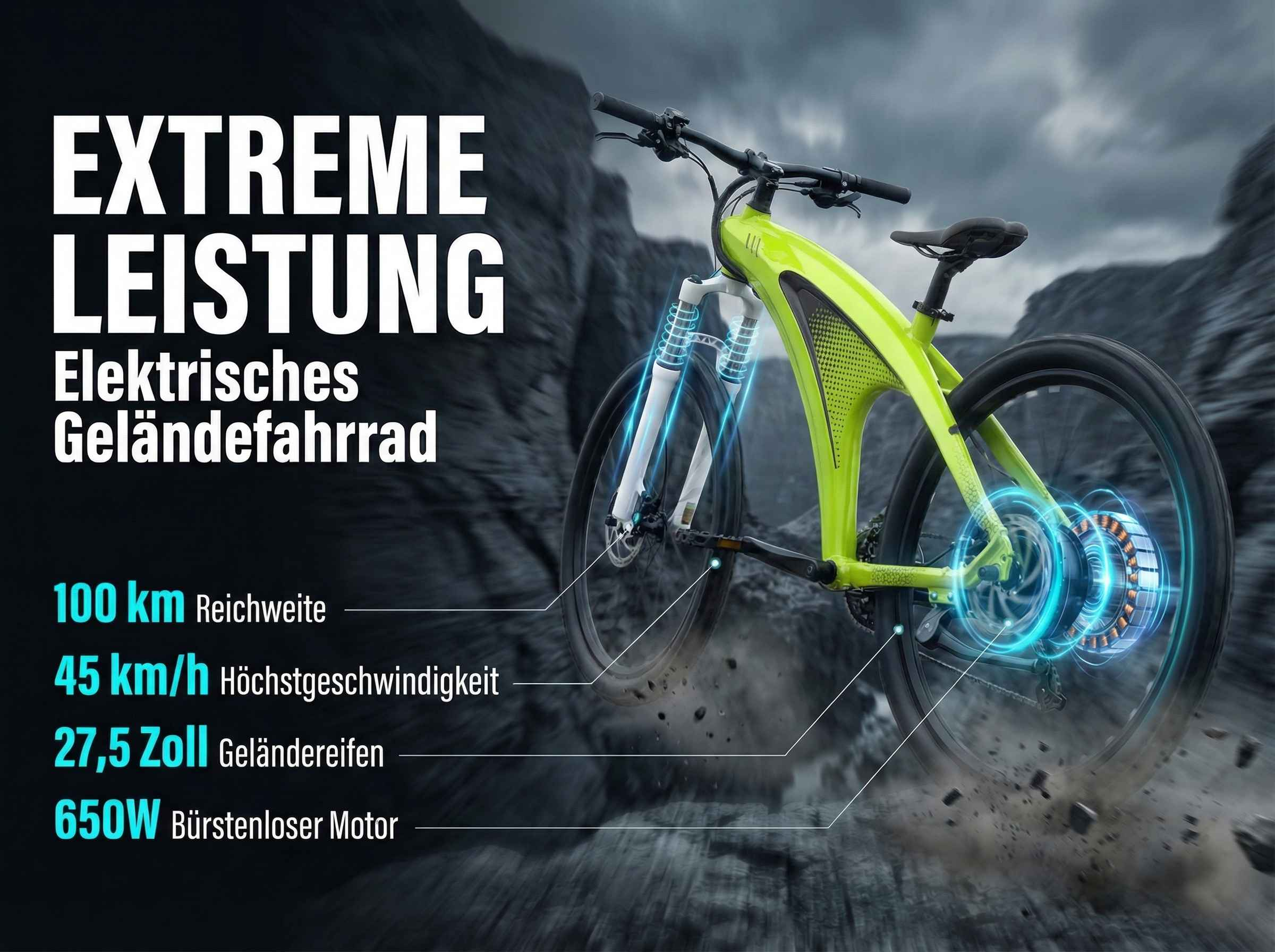 Ein gelbes Elektro-Geländefahrrad mit technischen Daten auf dunklem Hintergrund.
