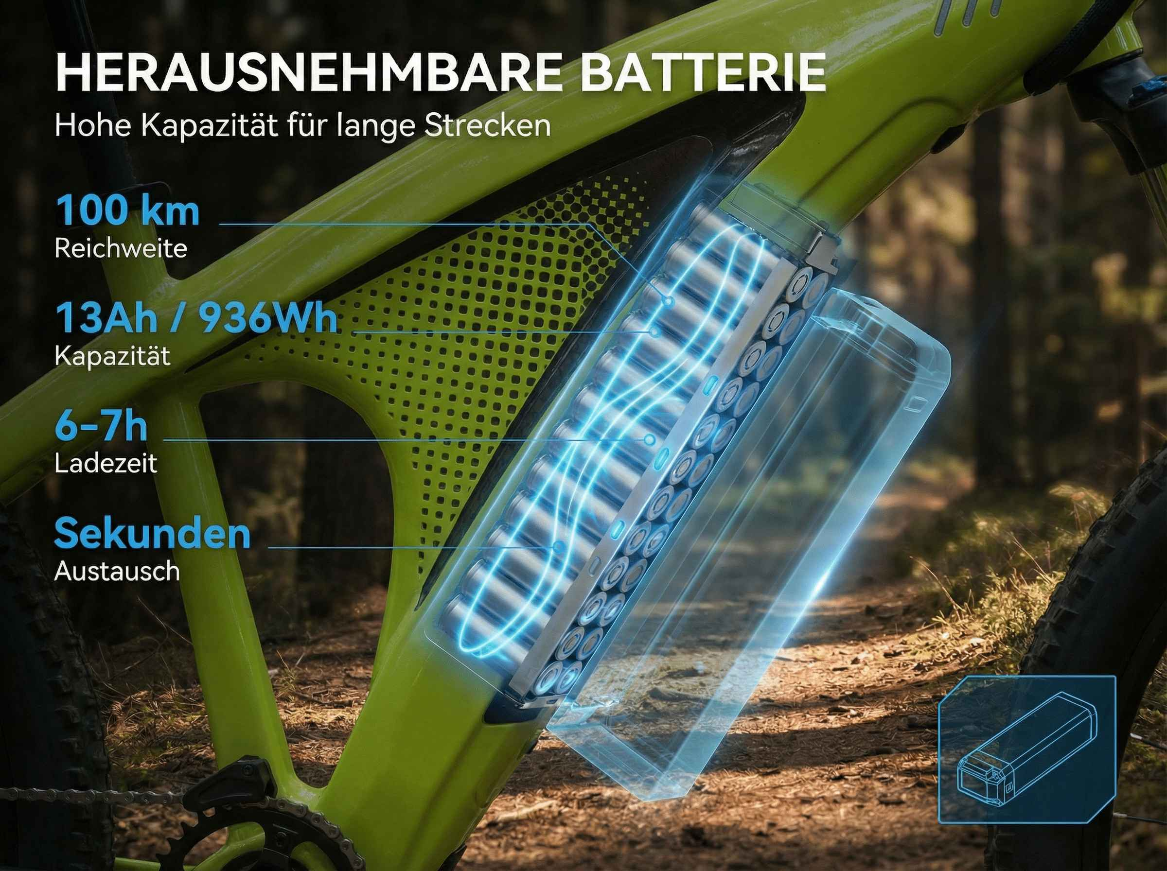 Herausnehmbare Fahrradbatterie mit 100km Reichweite, 936Wh Kapazität.
