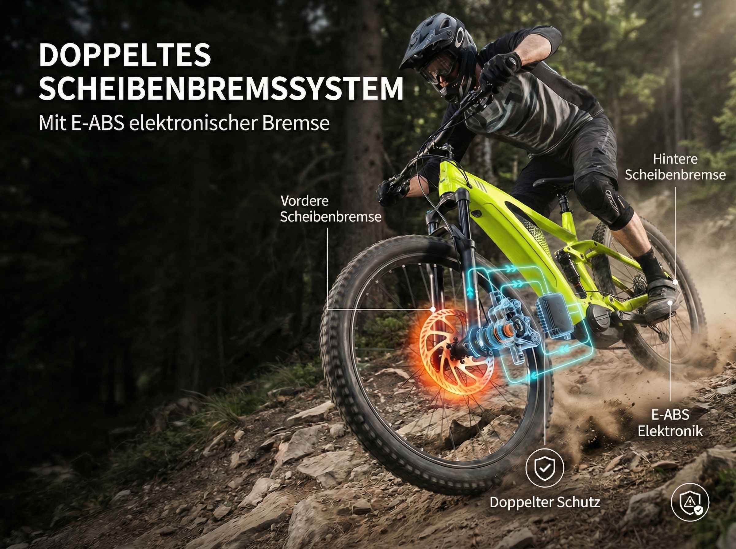 Ein Radfahrer fährt ein grünes E-Bike mit Scheibenbremsen durch unwegsames Gelände.