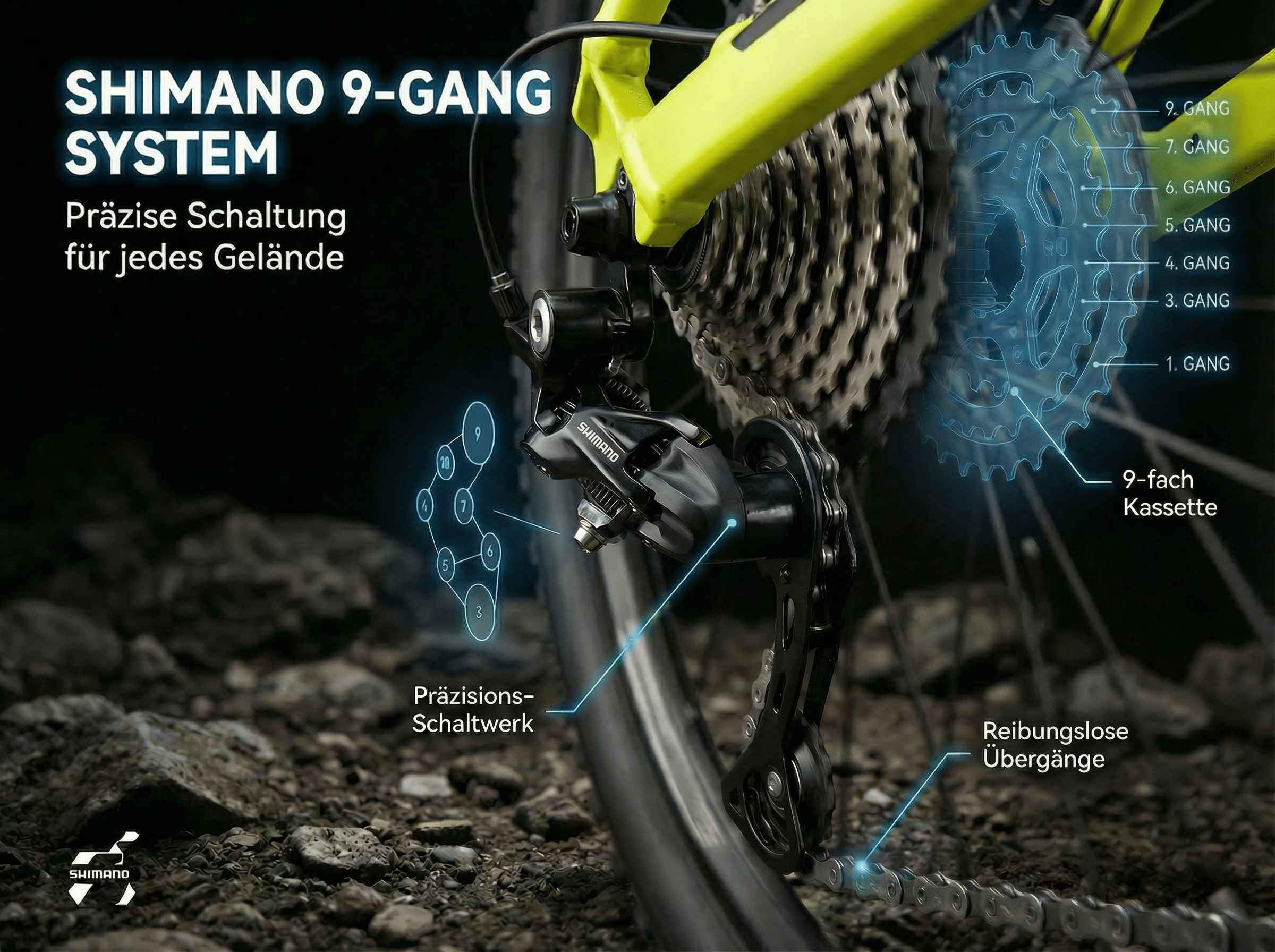 Shimano 9-Gang System mit Präzisions-Schaltwerk und 9-fach Kassette.