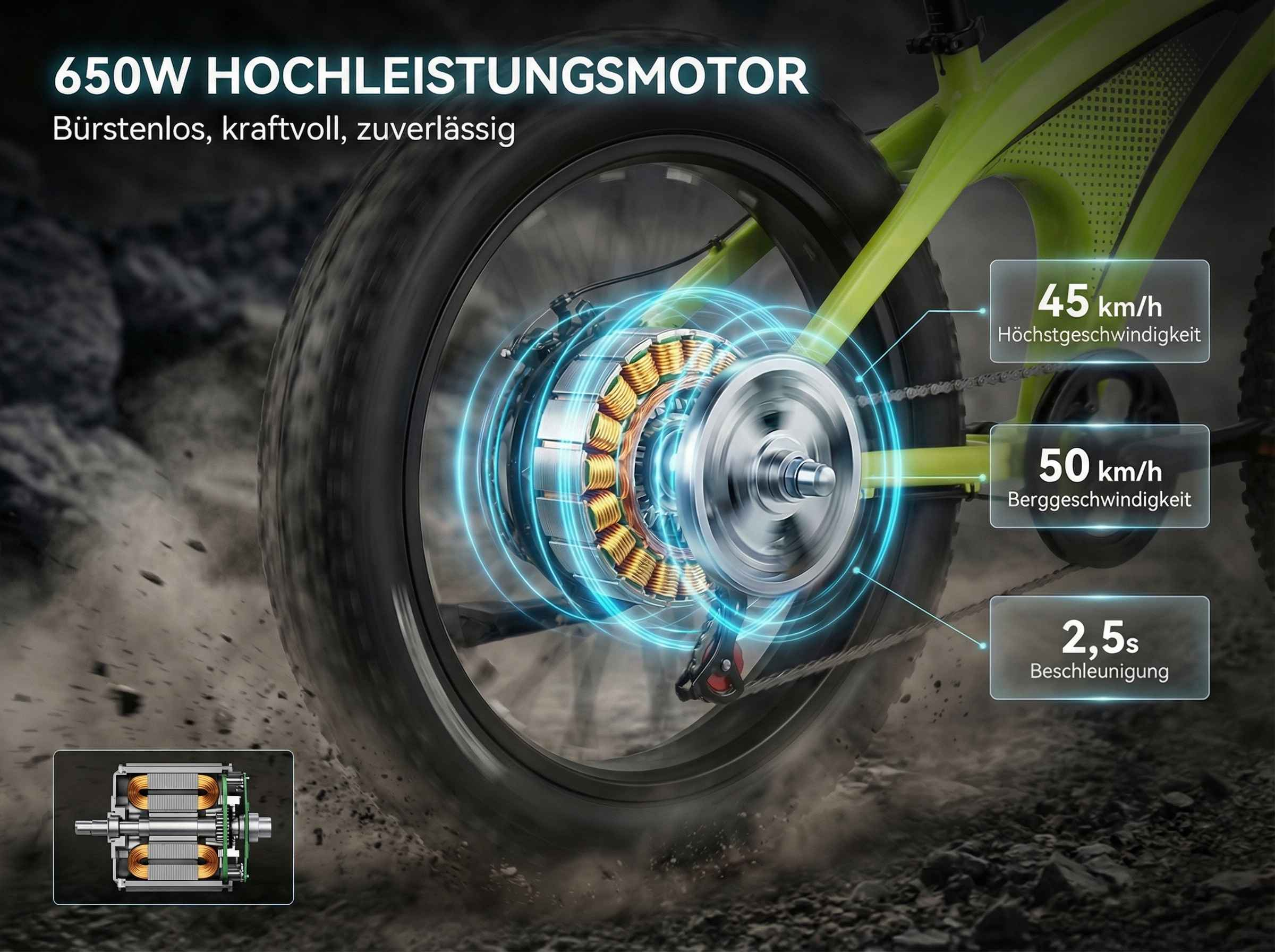 650W Motor mit 45km/h Spitze, 50km/h Bergfahrt, 2,5s Beschleunigung.