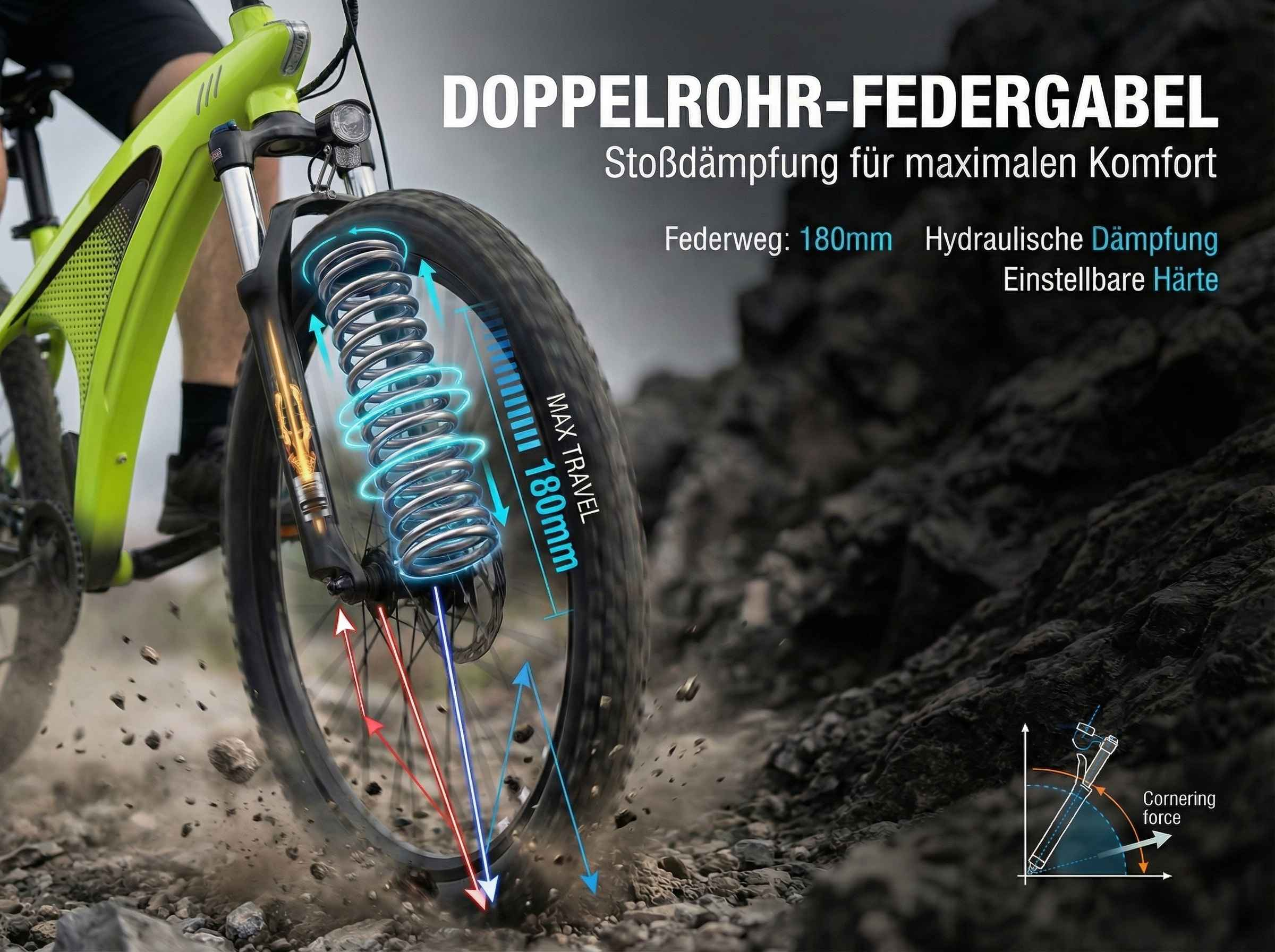 Fahrradgabel mit 180mm Federweg, Stoßdämpfung, hydraulischer Dämpfung.