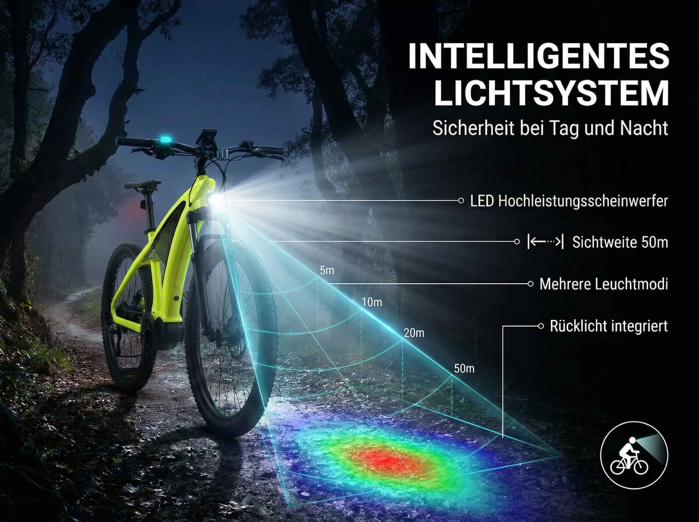 Ein gelbes E-Bike bei Nacht mit heller LED-Beleuchtung und Reichweitenanzeige.