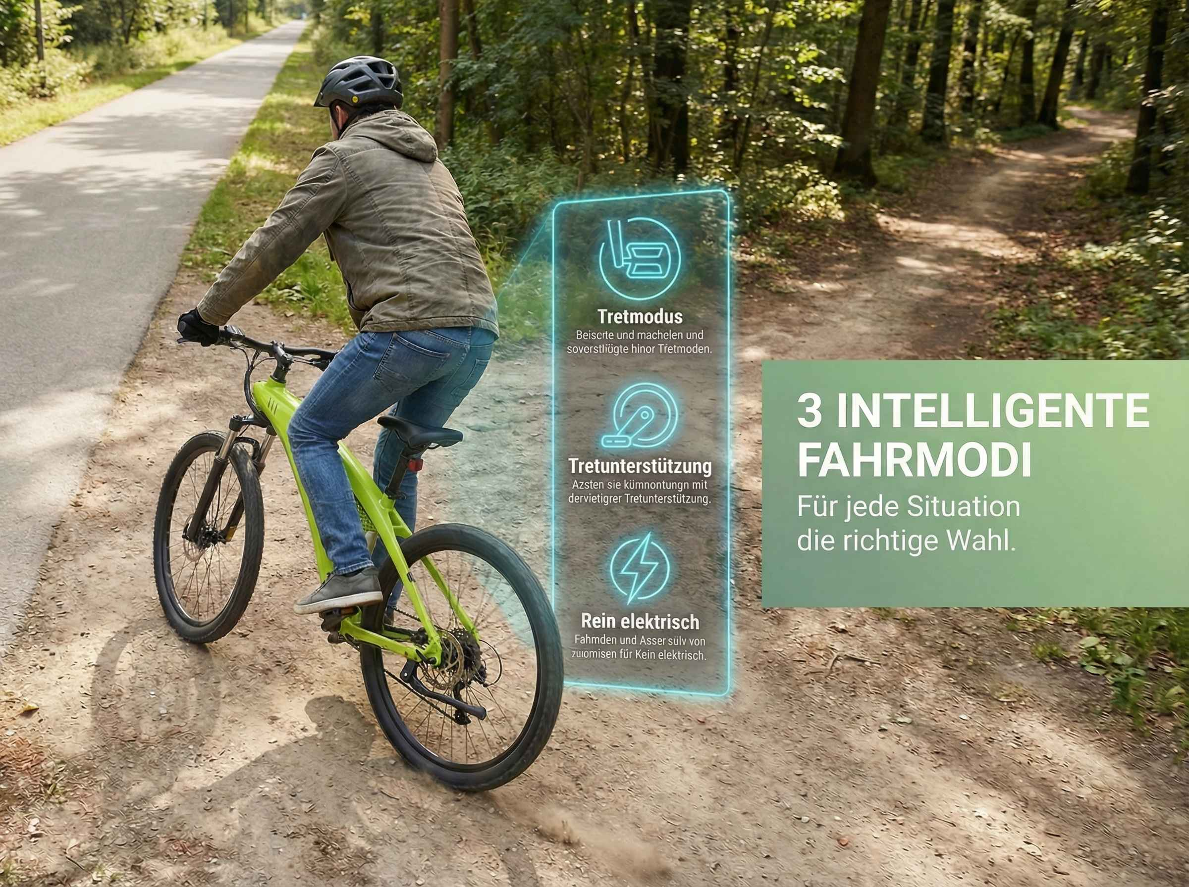 Mann fährt ein grünes E-Bike auf einem Waldweg mit Text über Fahrmodi.